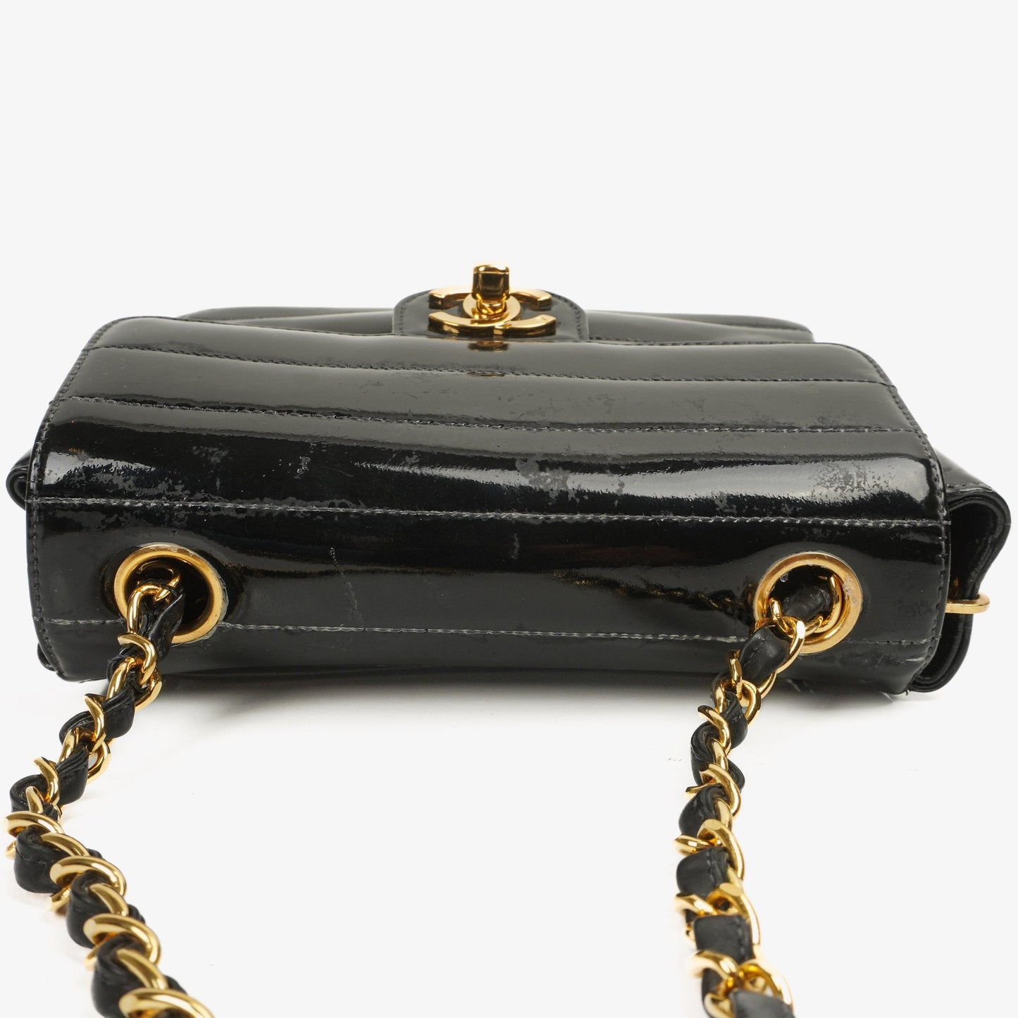 Chanel Mini Flap Square Bag in Black Horizontal Quilted Patent Leather with 24K Gold-Plated Hardware