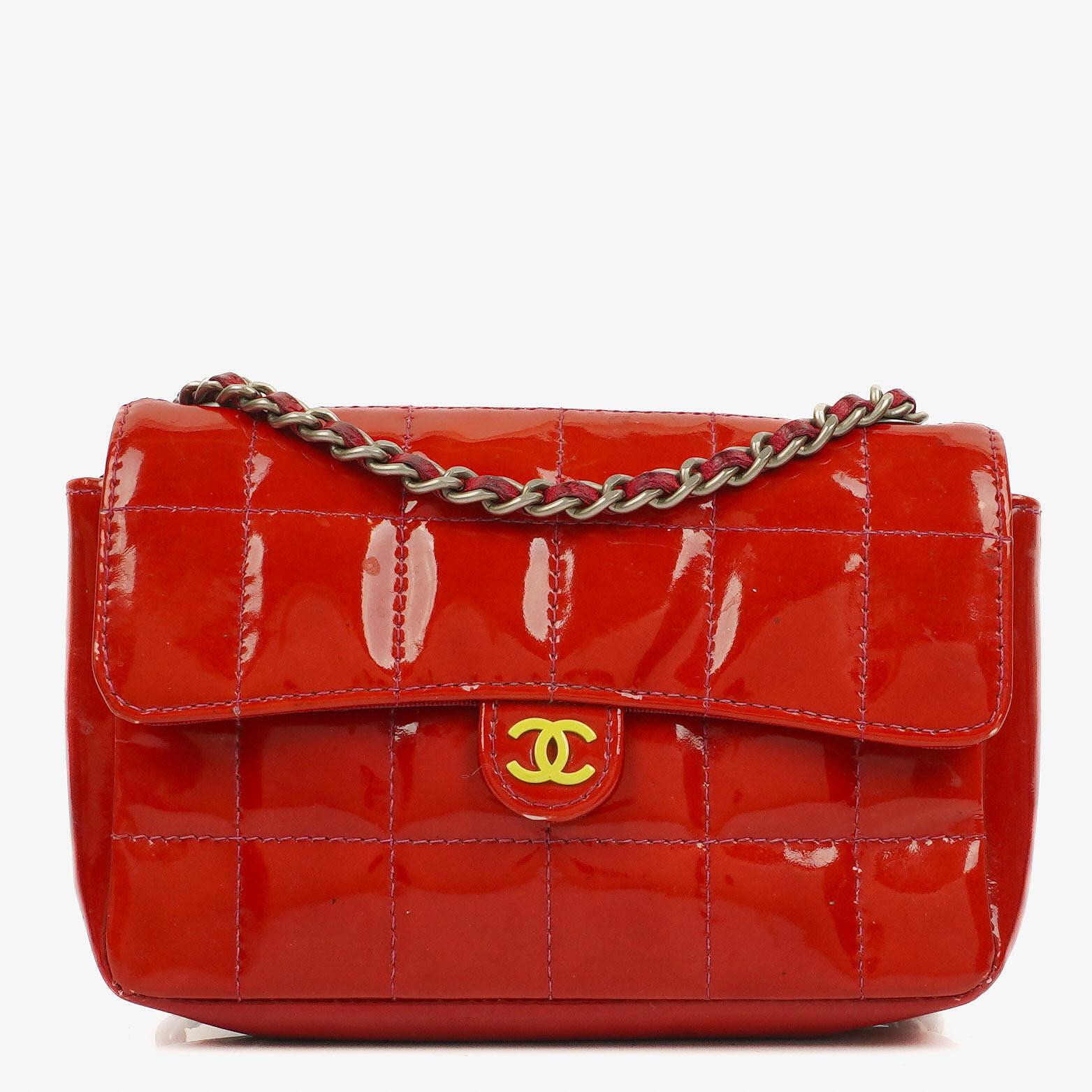 Chanel Mini Quilted Patent Leather East West Chocolate Bar Bag