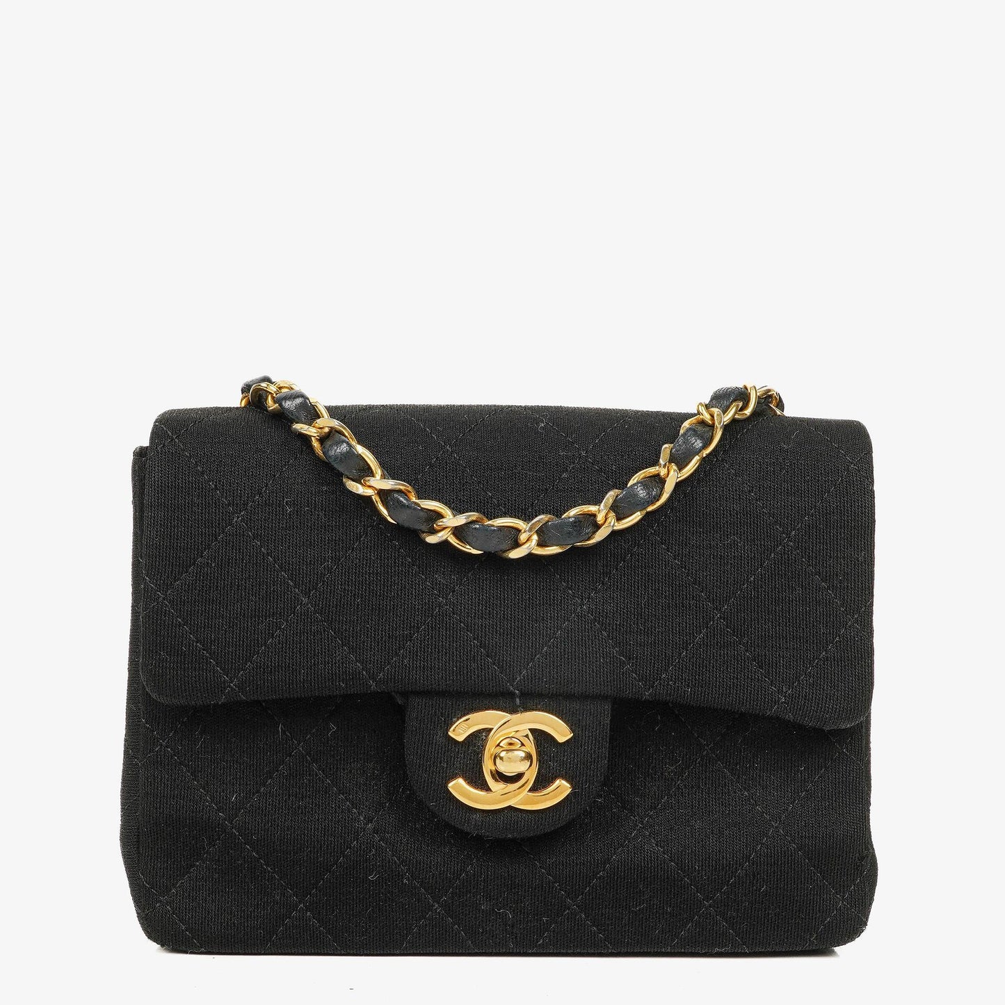 Chanel Mini Quilted Square Jersey Black Flap Bag With 24K Gold-Plated Hardware