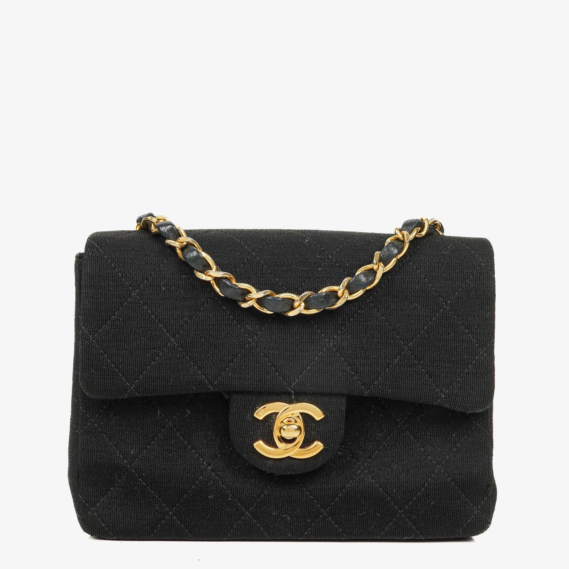 Chanel Mini Quilted Square Jersey Black Flap Bag With 24K Gold-Plated Hardware