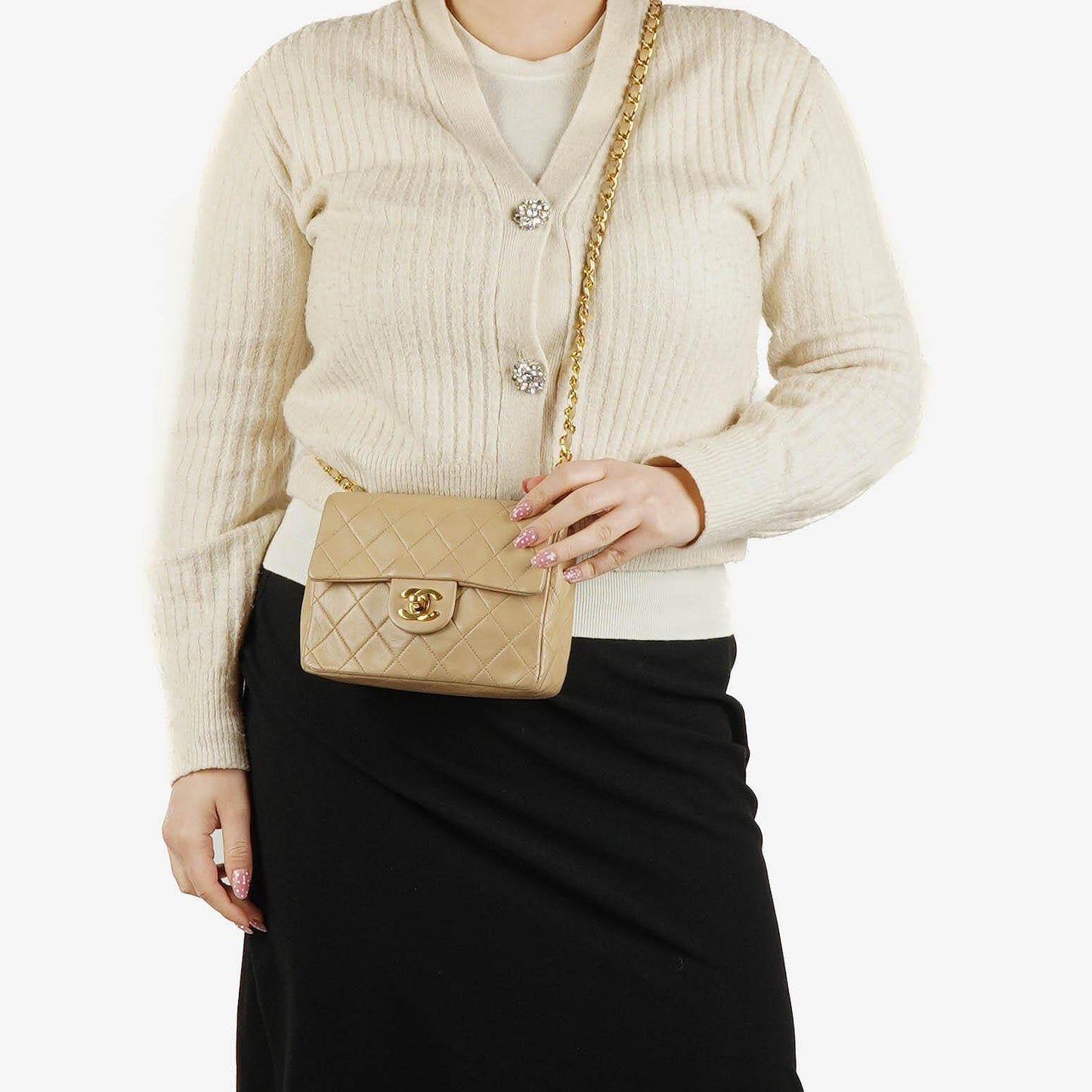 Chanel Mini Quilted Square Leather Beige Flap Bag With 24K Gold-Plated Hardware
