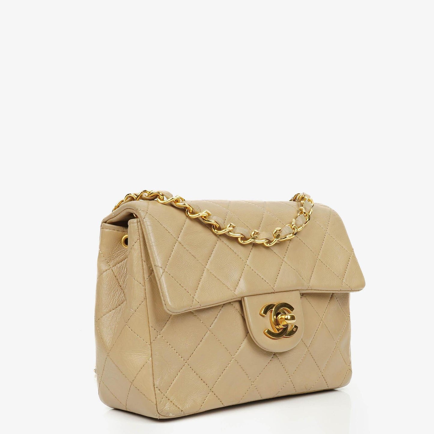 Chanel Mini Quilted Square Leather Beige Flap Bag With 24K Gold-Plated Hardware