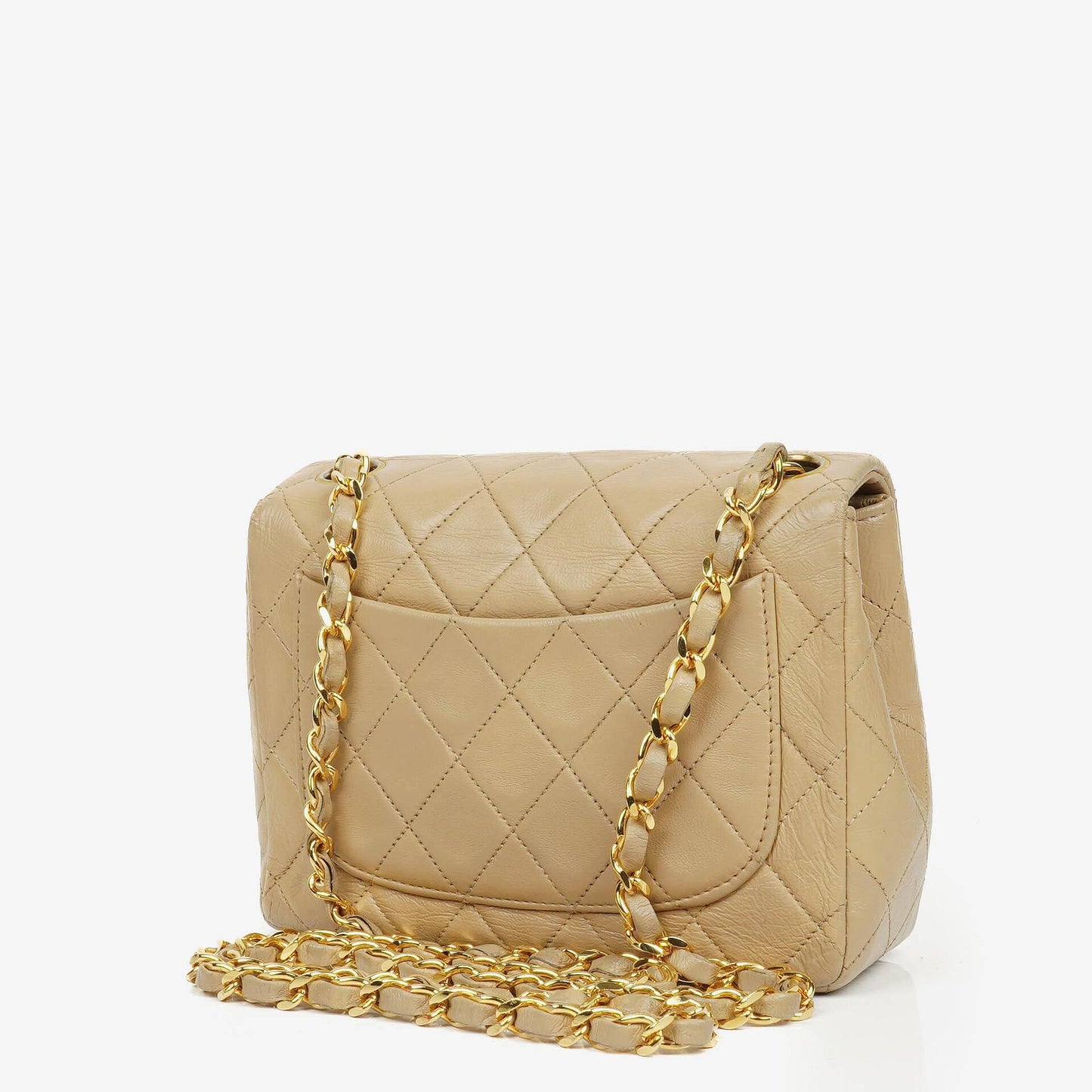 Chanel Mini Quilted Square Leather Beige Flap Bag With 24K Gold-Plated Hardware