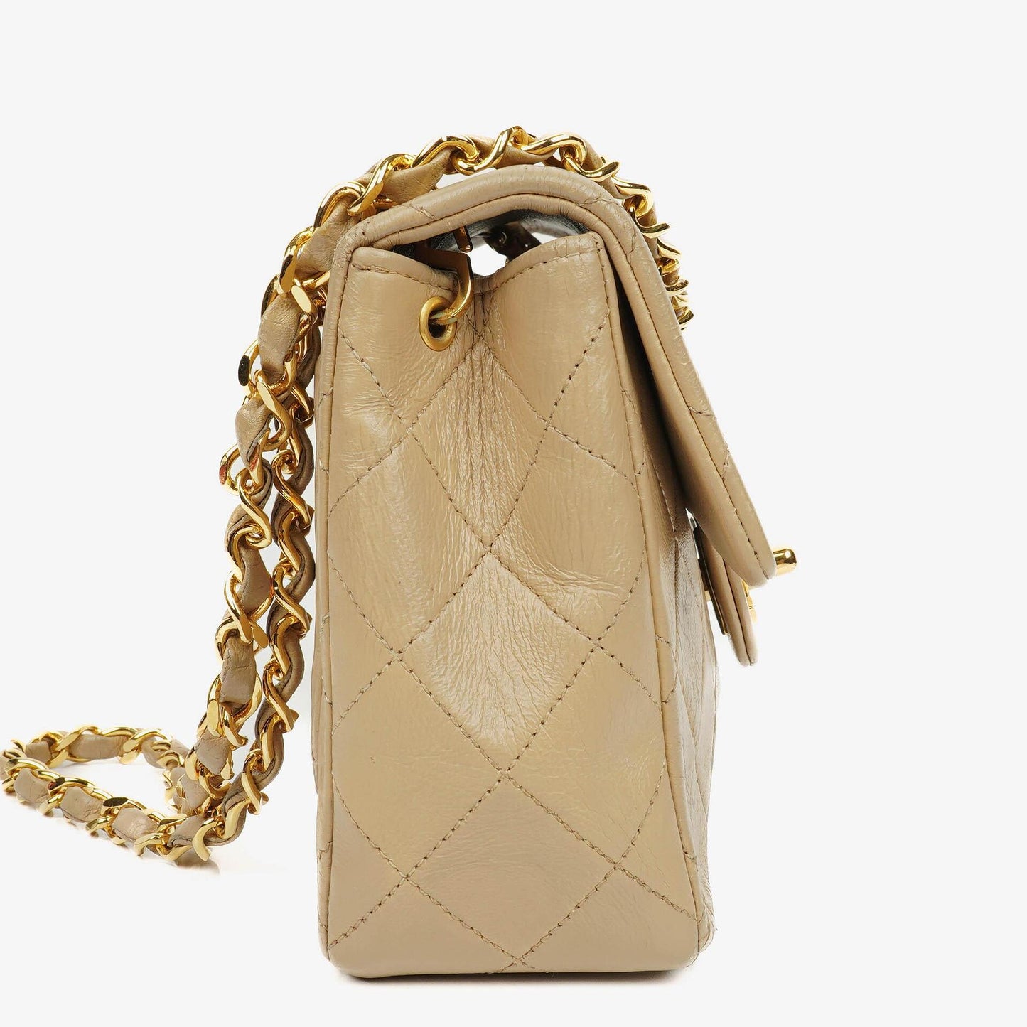 Chanel Mini Quilted Square Leather Beige Flap Bag With 24K Gold-Plated Hardware