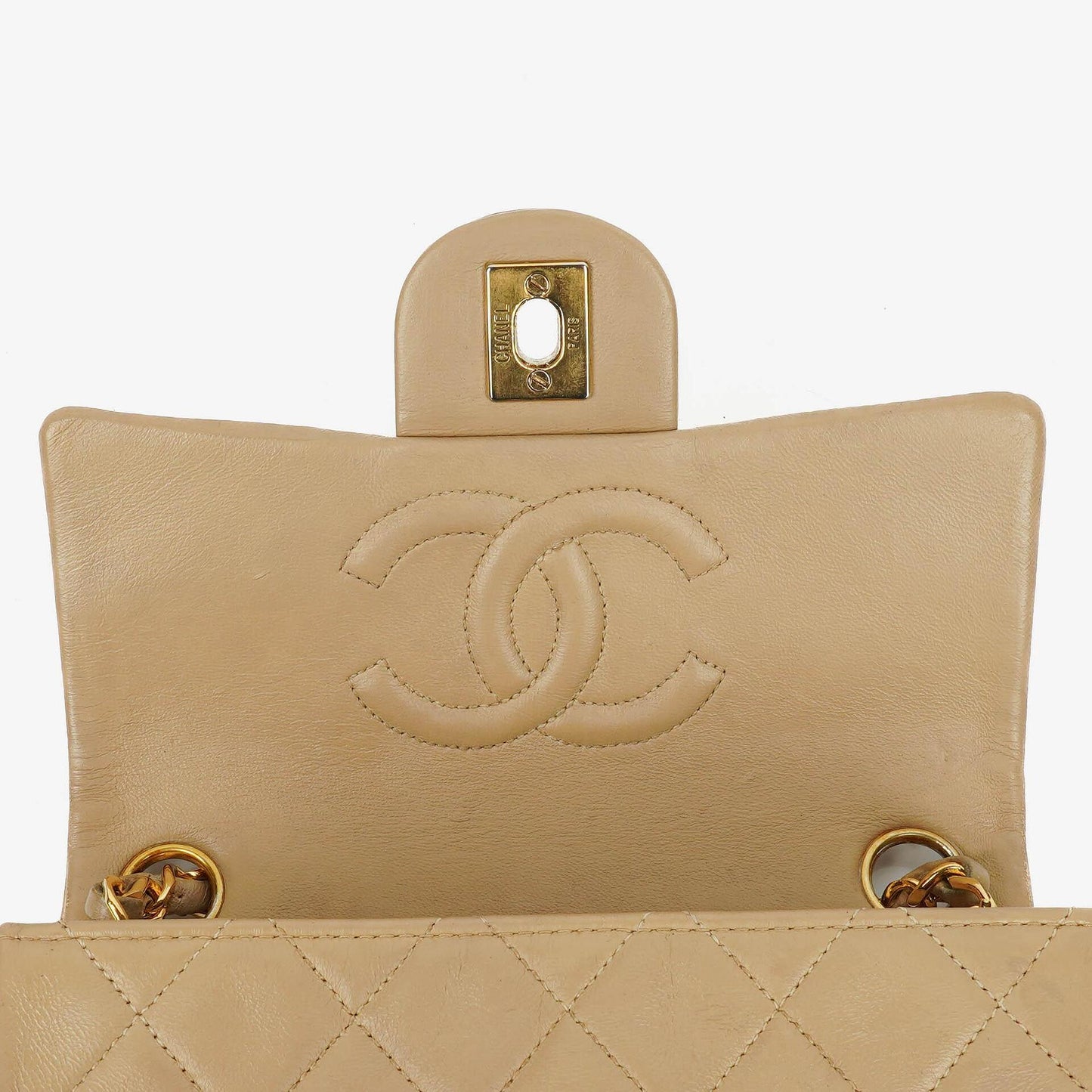 Chanel Mini Quilted Square Leather Beige Flap Bag With 24K Gold-Plated Hardware