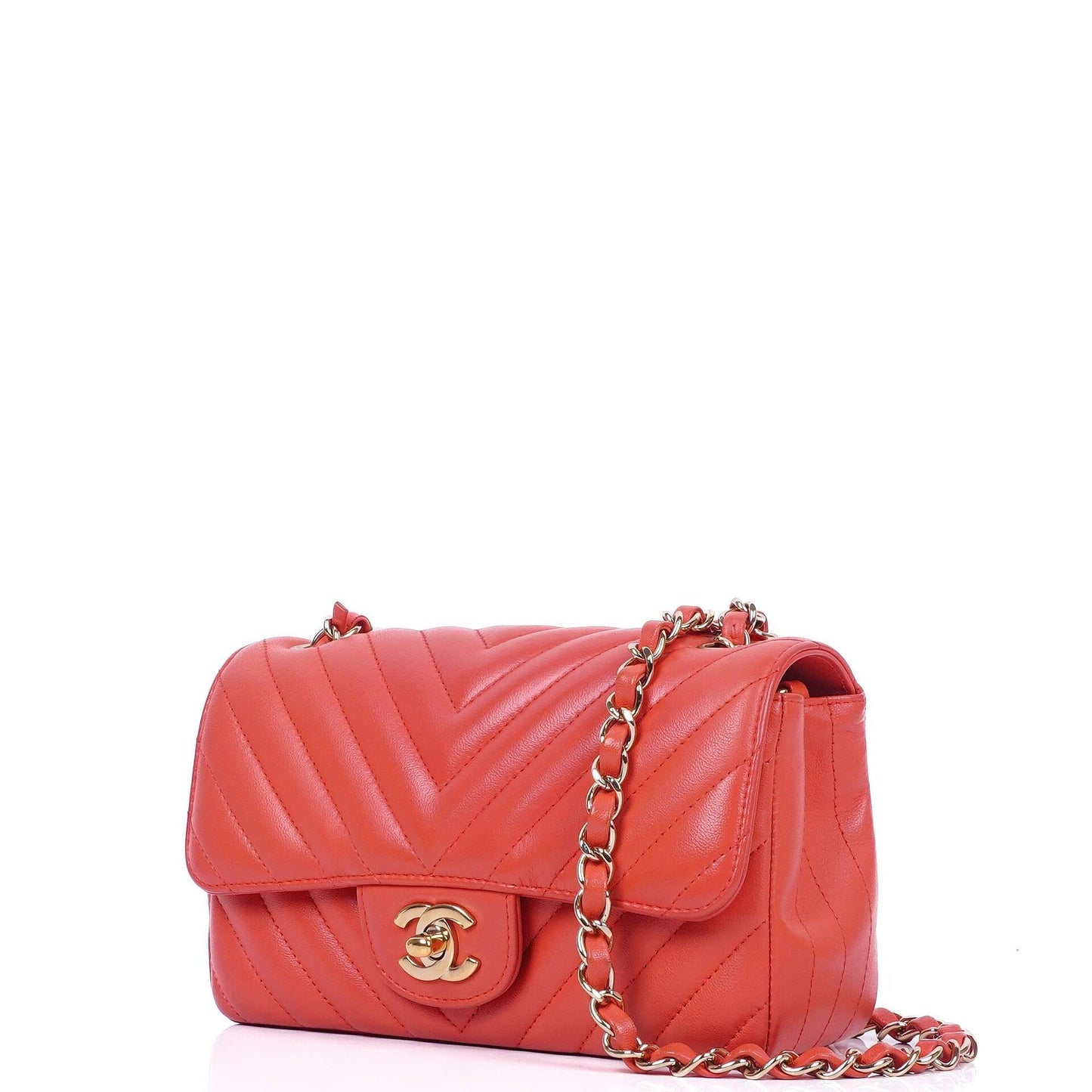 Chanel Mini Rectangular Classic Single Flap Bag Coral Chevron Quilted Lambskin With Gold-Tone Hardware