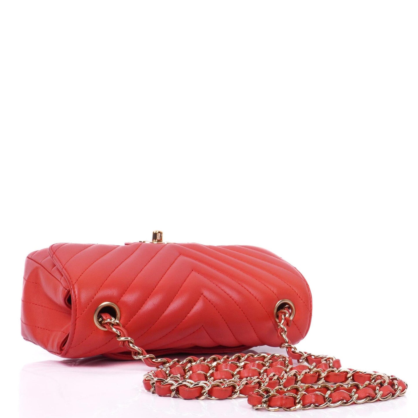 Chanel Mini Rectangular Classic Single Flap Bag Coral Chevron Quilted Lambskin With Gold-Tone Hardware