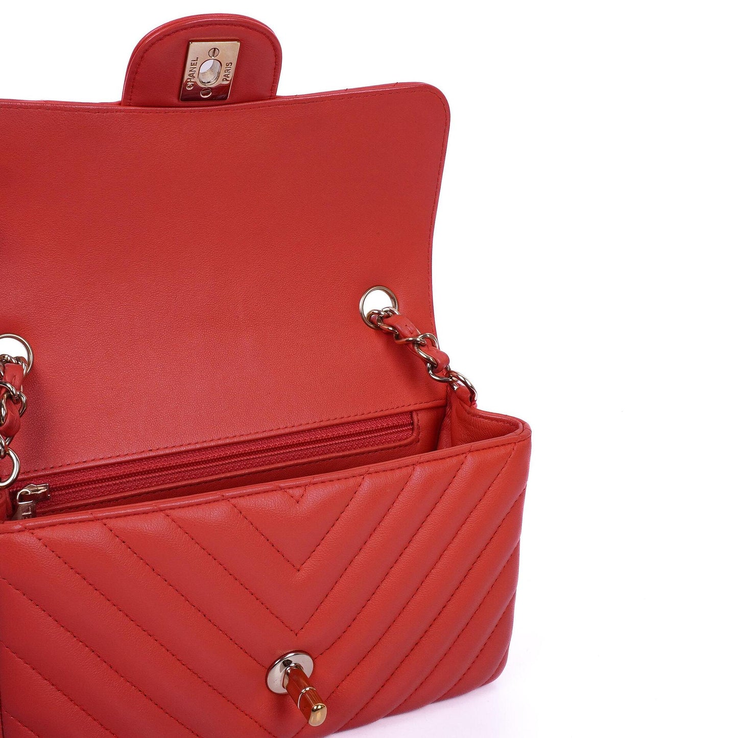 Chanel Mini Rectangular Classic Single Flap Bag Coral Chevron Quilted Lambskin With Gold-Tone Hardware