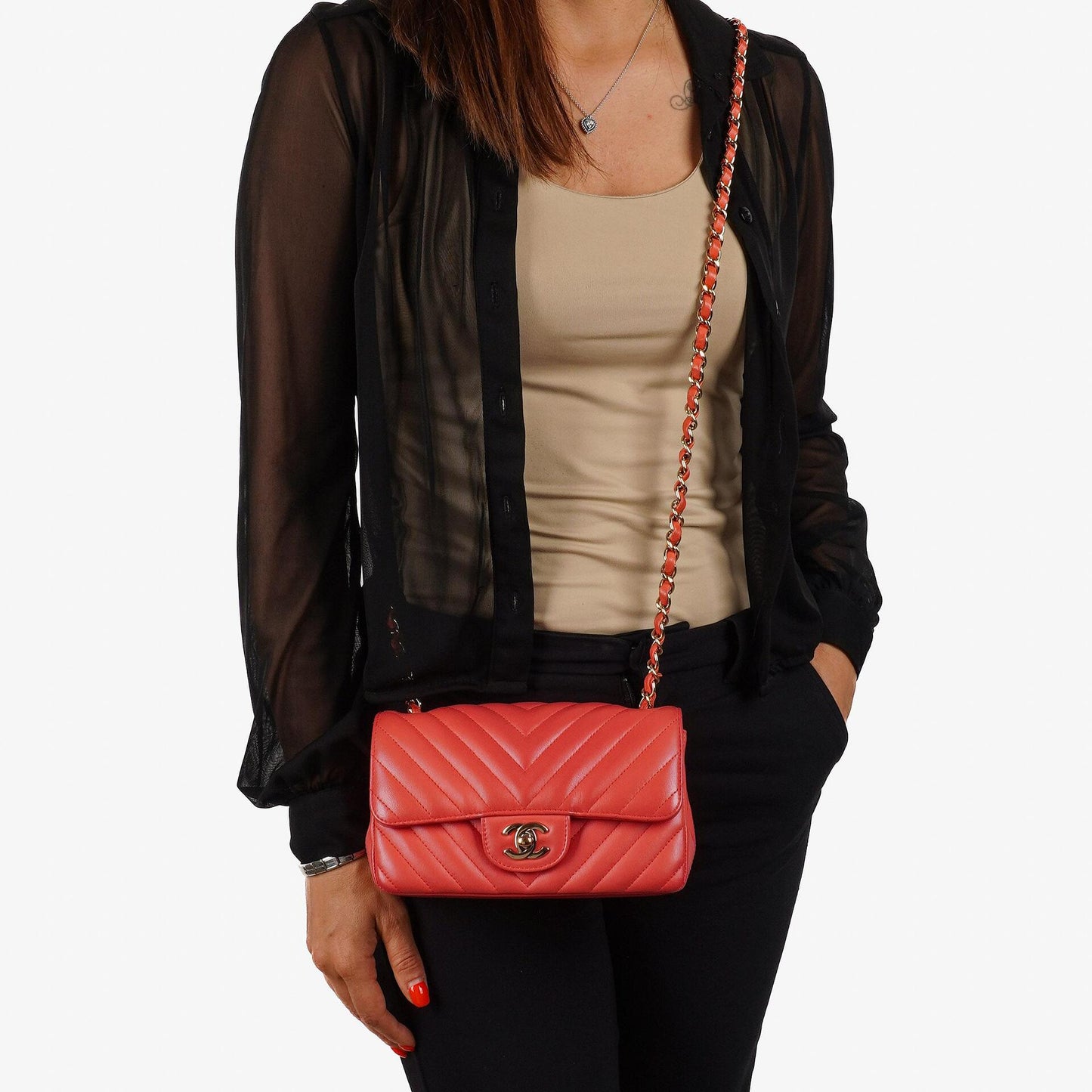 Chanel Mini Rectangular Classic Single Flap Bag Coral Chevron Quilted Lambskin With Gold-Tone Hardware