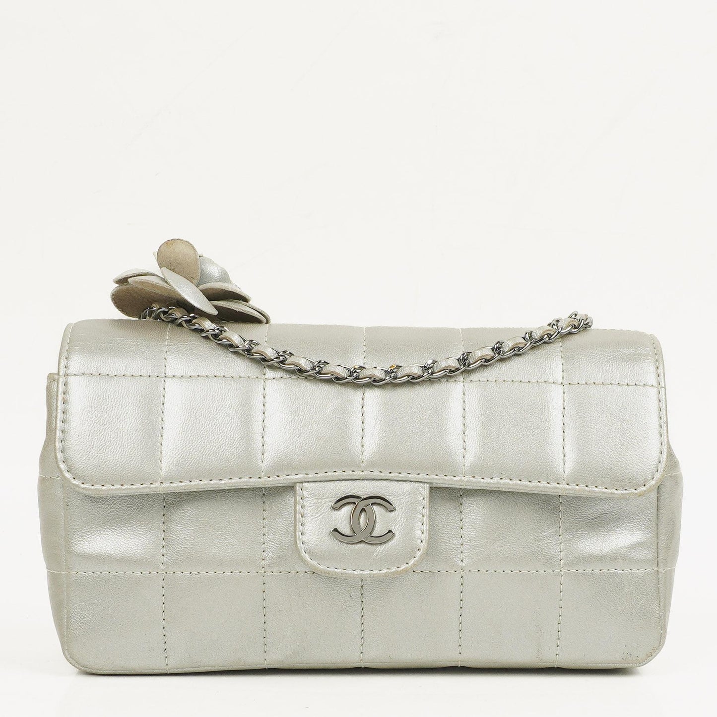 Chanel Mini Rectangular Single Flap Bag Flower Metalic Silver Quilted Lambskin SIlver Tone Hardware