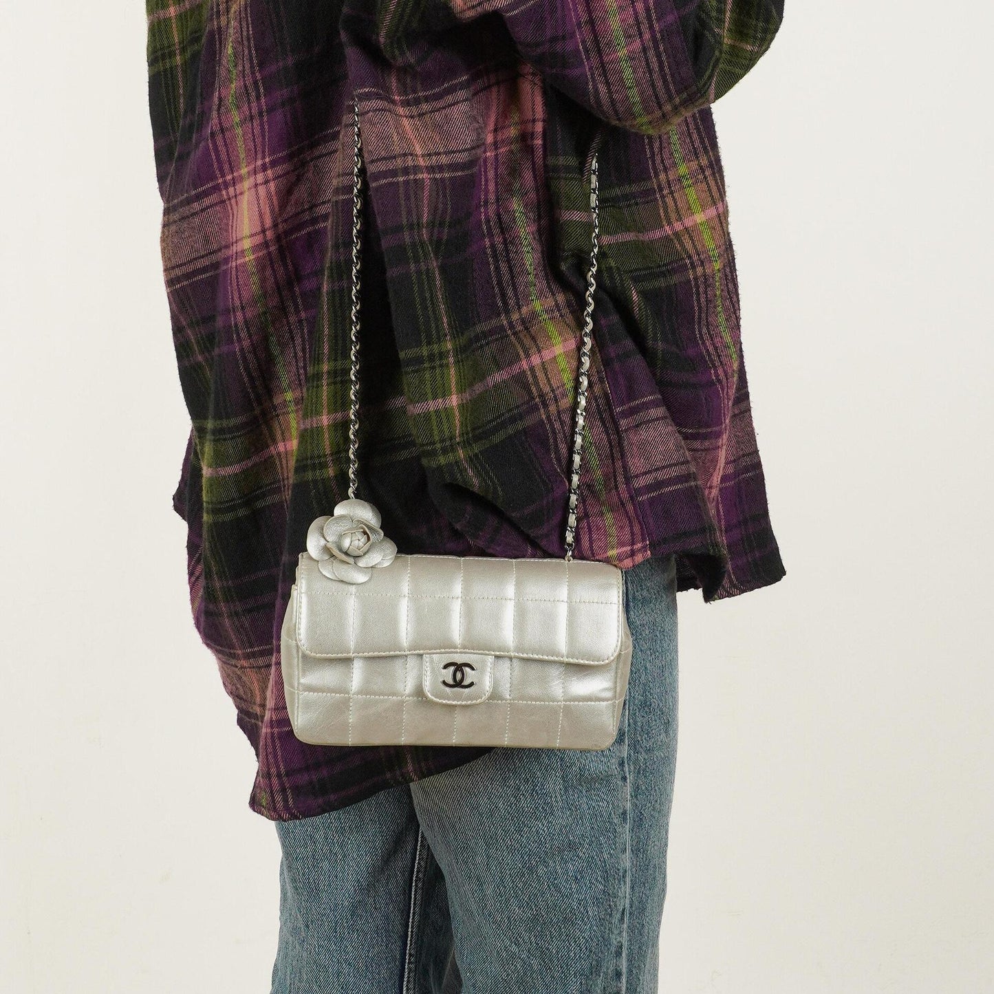 Chanel Mini Rectangular Single Flap Bag Flower Metalic Silver Quilted Lambskin SIlver Tone Hardware