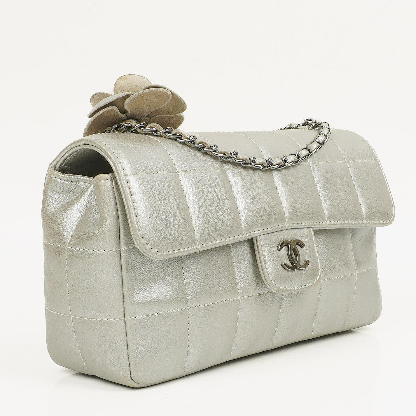 Chanel Mini Rectangular Single Flap Bag Flower Metalic Silver Quilted Lambskin SIlver Tone Hardware