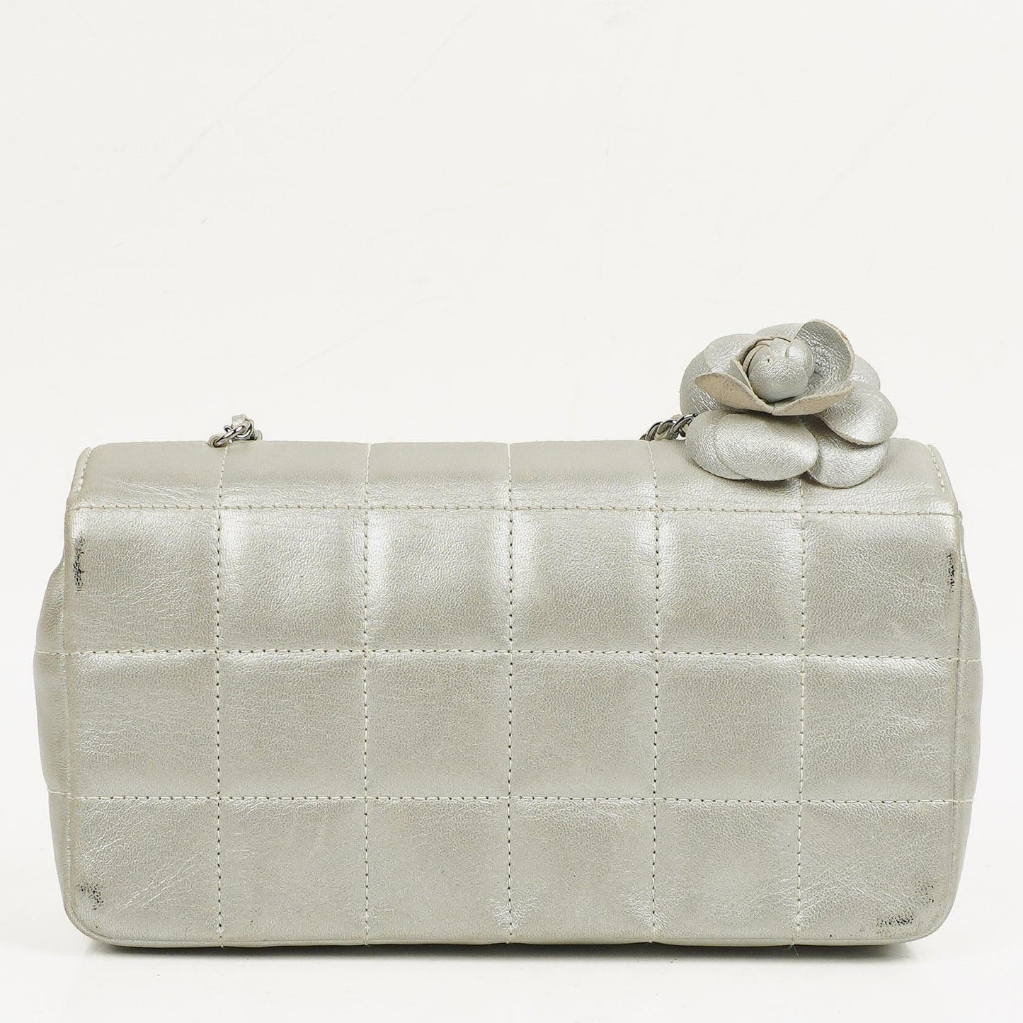 Chanel Mini Rectangular Single Flap Bag Flower Metalic Silver Quilted Lambskin SIlver Tone Hardware