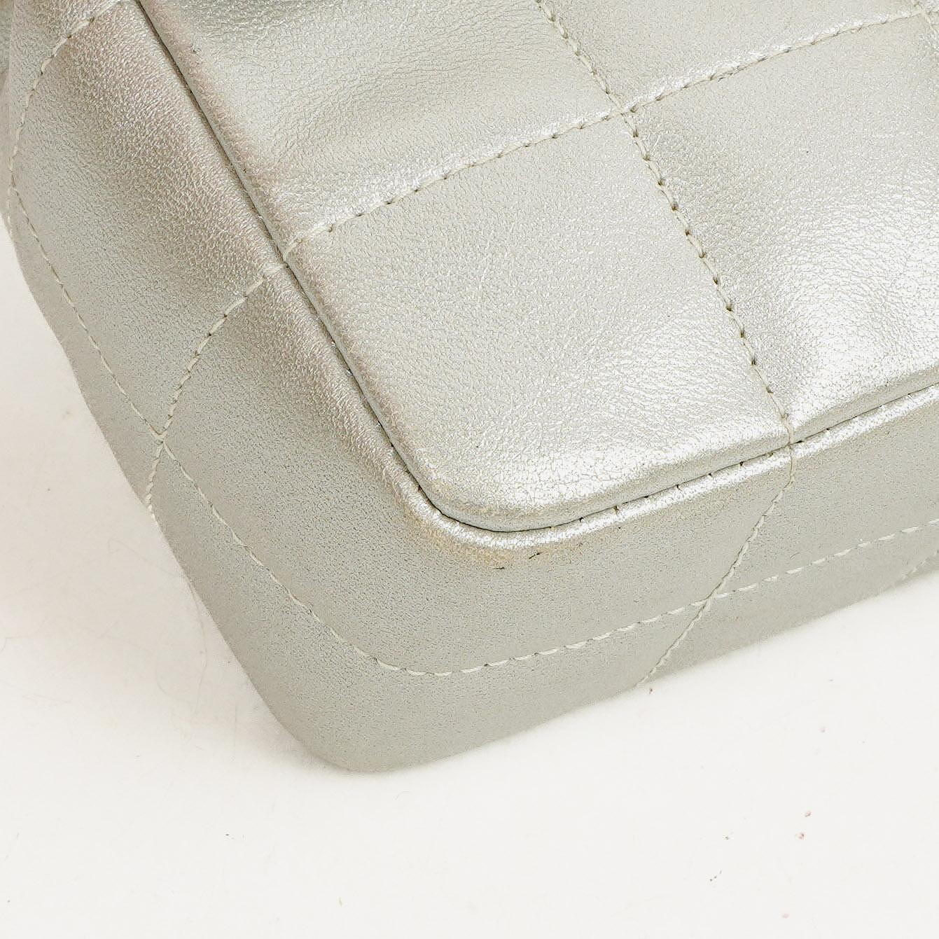 Chanel Mini Rectangular Single Flap Bag Flower Metalic Silver Quilted Lambskin SIlver Tone Hardware