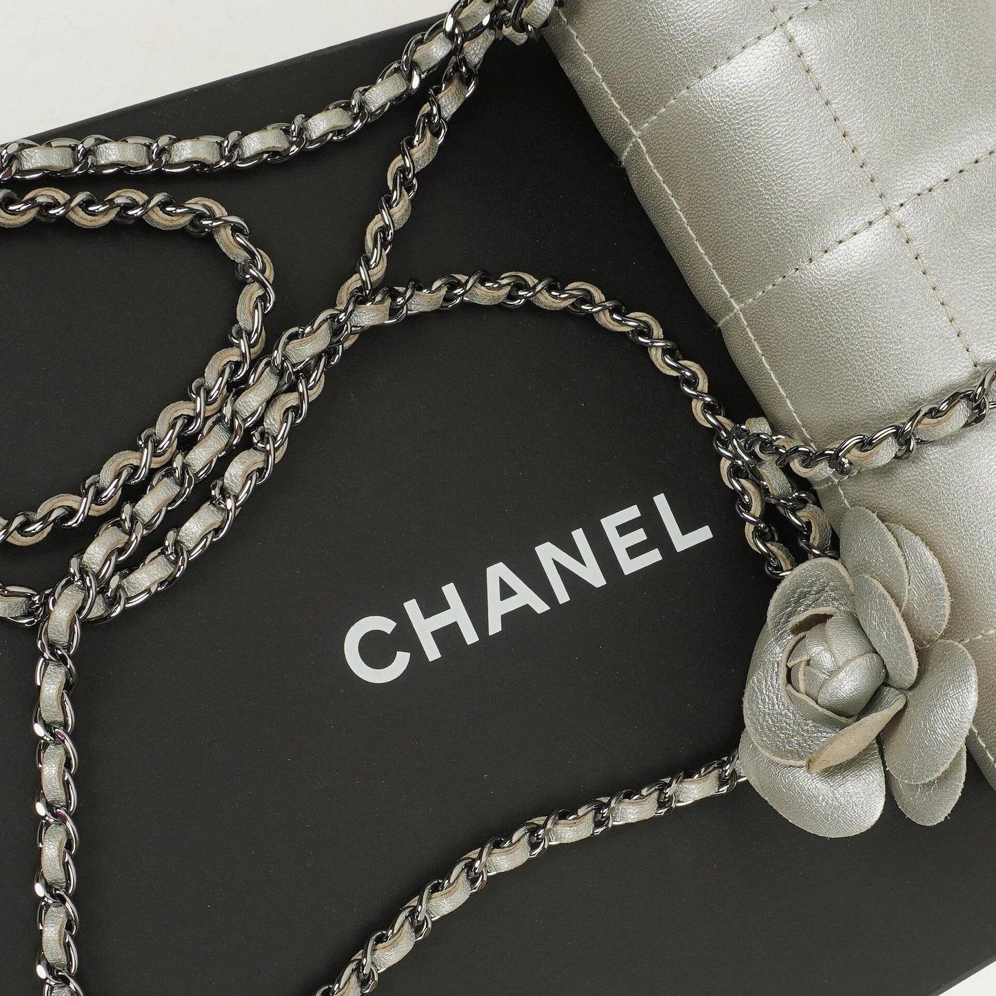 Chanel Mini Rectangular Single Flap Bag Flower Metalic Silver Quilted Lambskin SIlver Tone Hardware
