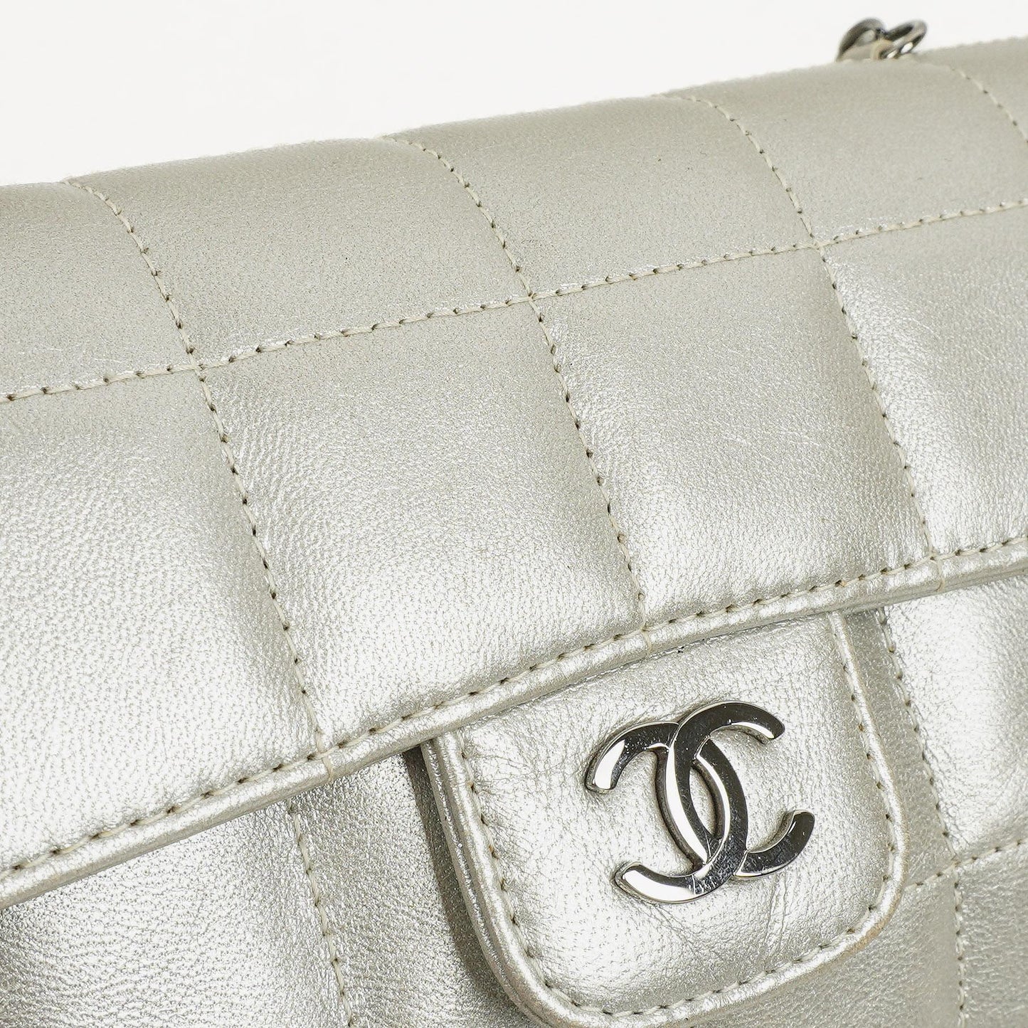 Chanel Mini Rectangular Single Flap Bag Flower Metalic Silver Quilted Lambskin SIlver Tone Hardware