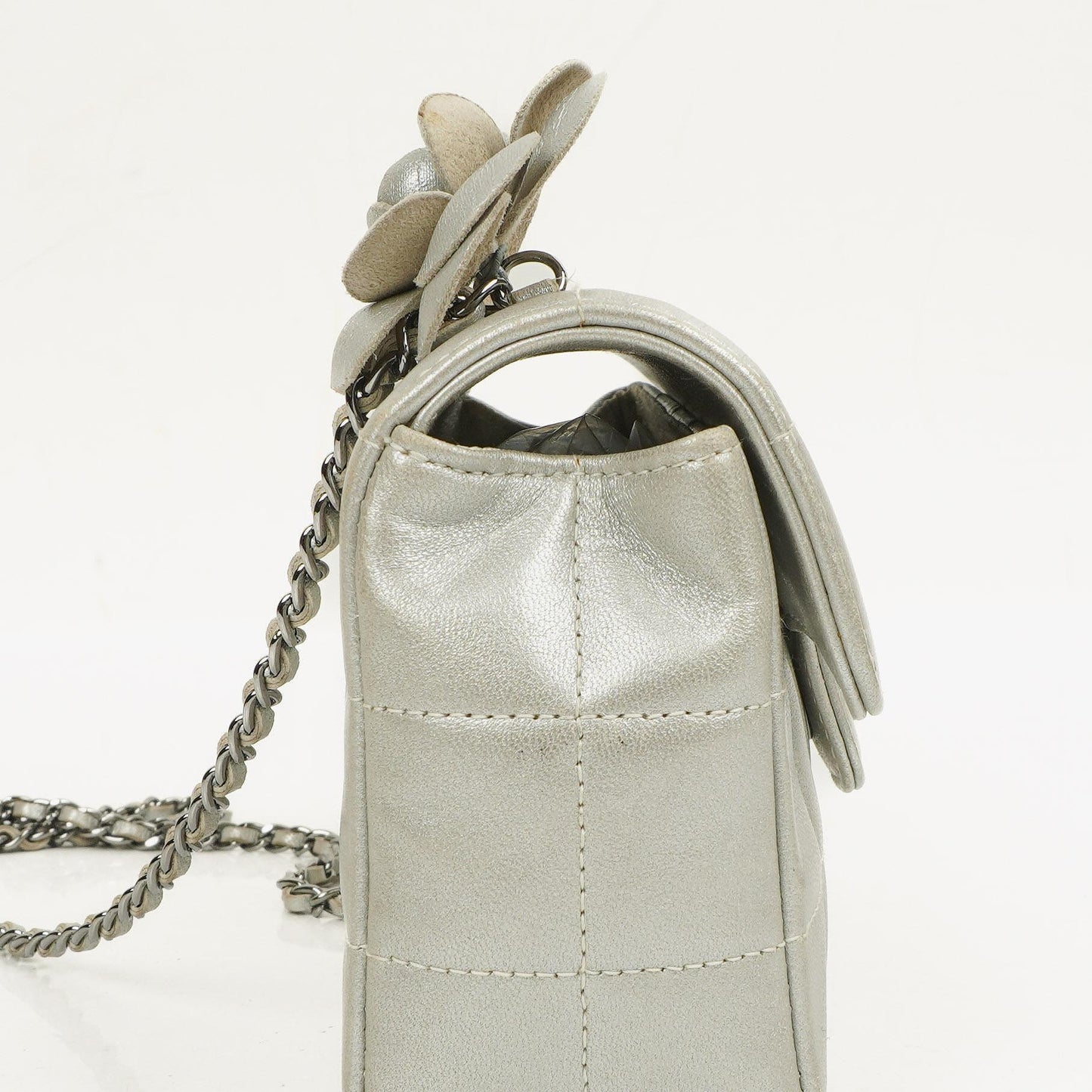Chanel Mini Rectangular Single Flap Bag Flower Metalic Silver Quilted Lambskin SIlver Tone Hardware