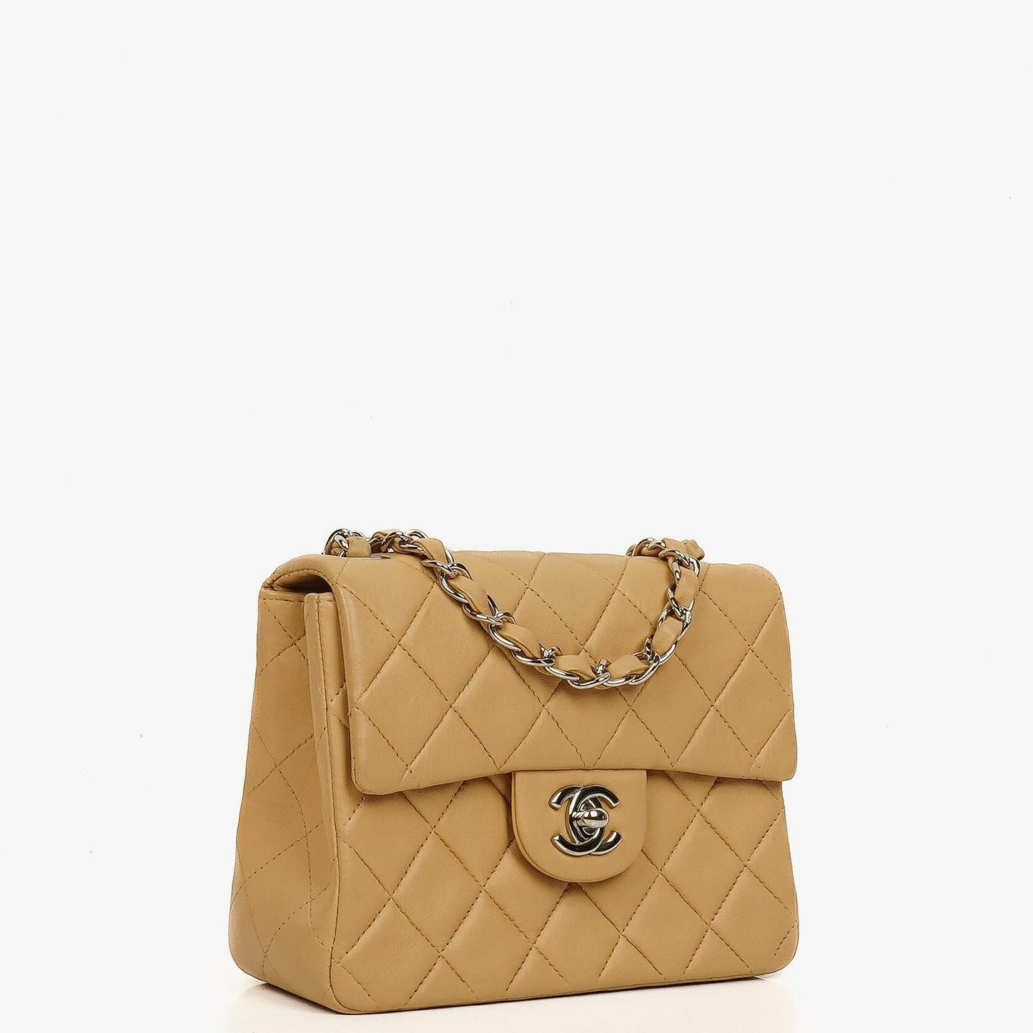 Chanel Mini Square Classic Flap Bag Beige Quilted Lambskin With Silver-Tone Hardware