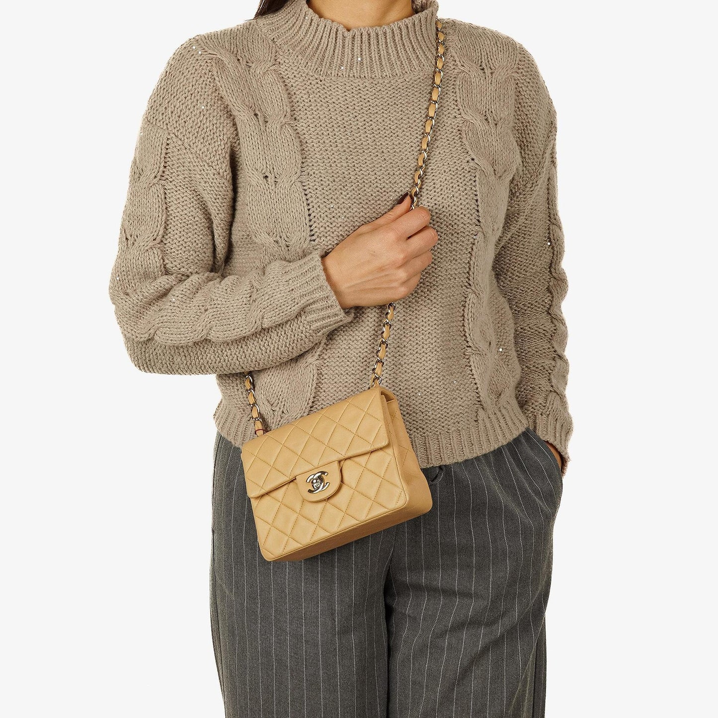 Chanel Mini Square Classic Flap Bag Beige Quilted Lambskin With Silver-Tone Hardware