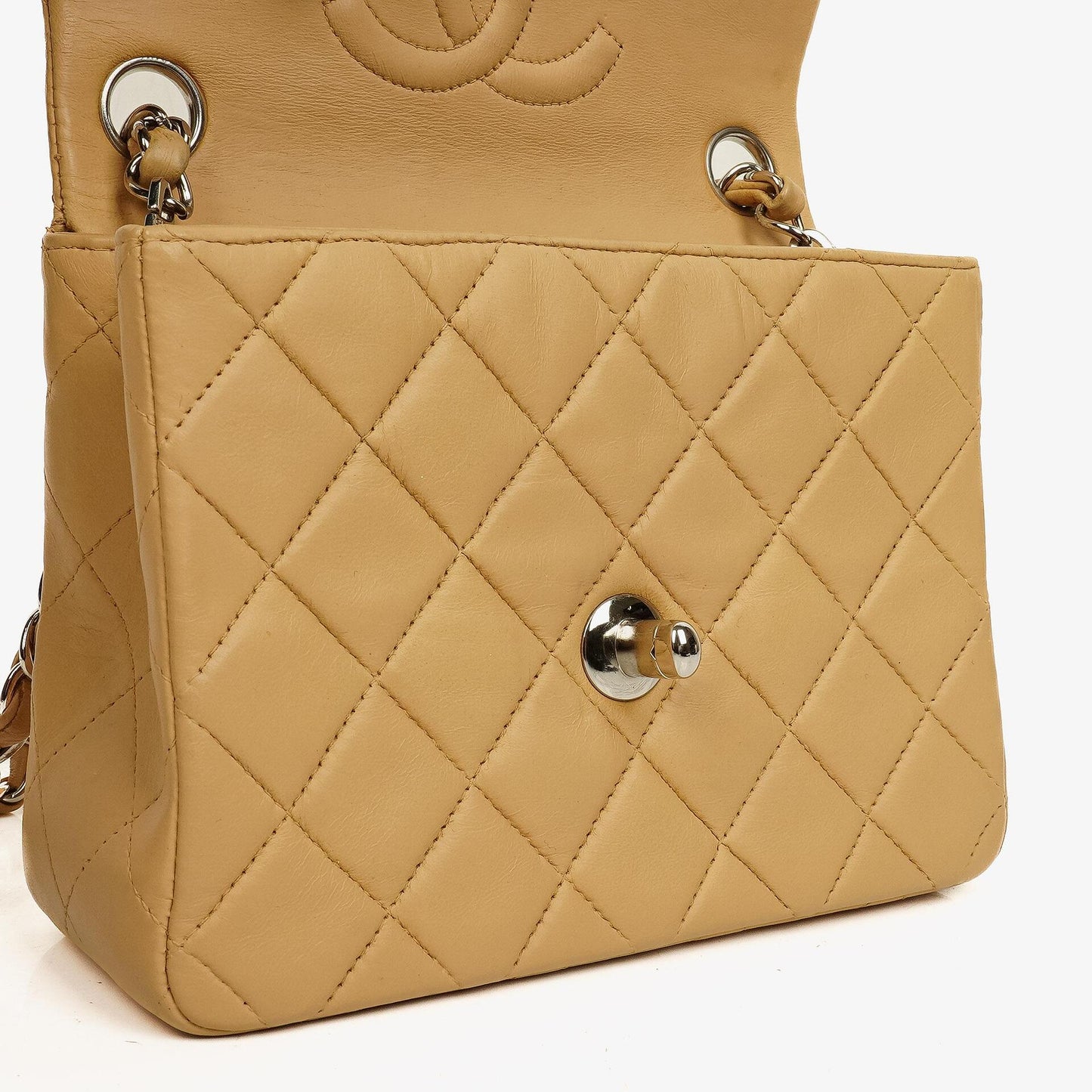 Chanel Mini Square Classic Flap Bag Beige Quilted Lambskin With Silver-Tone Hardware