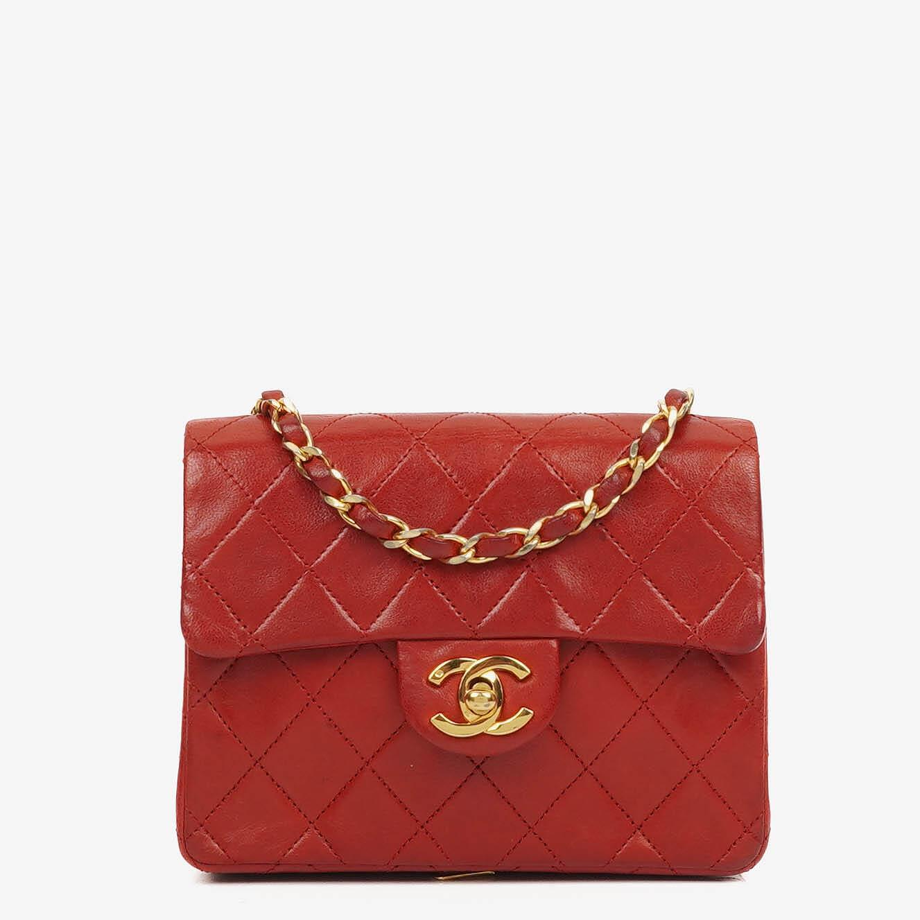 Chanel Mini Square Classic Flap Bag Red Quilted Lambskin 24K Gold-Plated Hardware