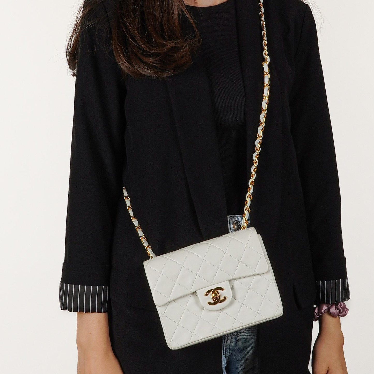 Chanel Mini Square Classic Flap Bag White Quilted Lambskin With 24K Gold-Plated Hardware
