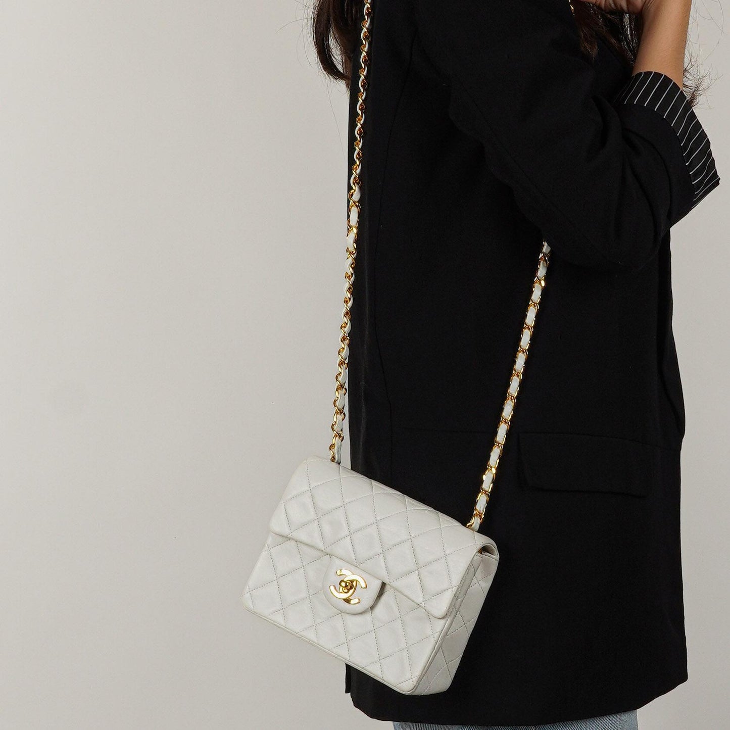 Chanel Mini Square Classic Flap Bag White Quilted Lambskin With 24K Gold-Plated Hardware