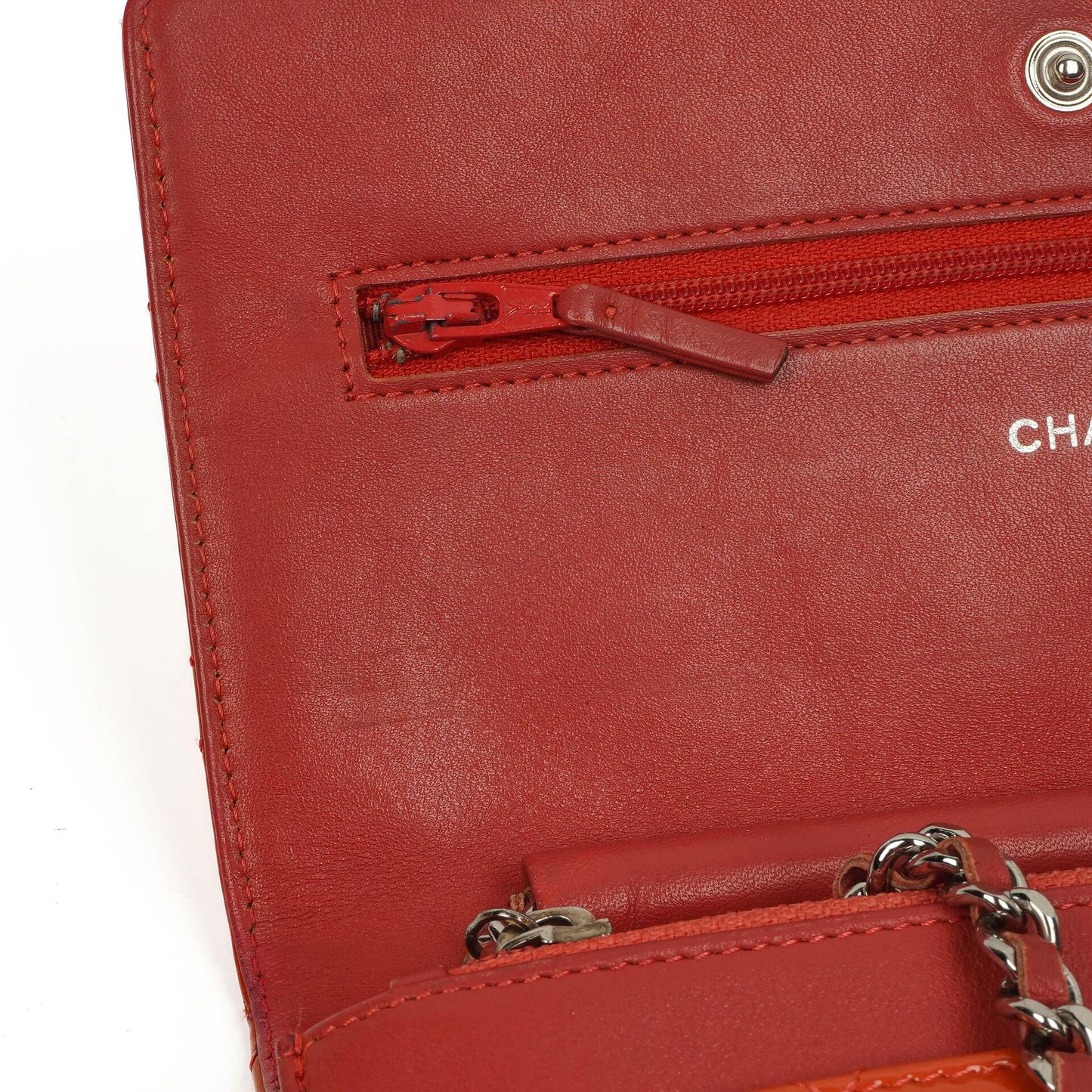 Chanel Wallet On Chain WOC Orange Quilted Patent Leather With Pink CC Logo And Silver Hardware