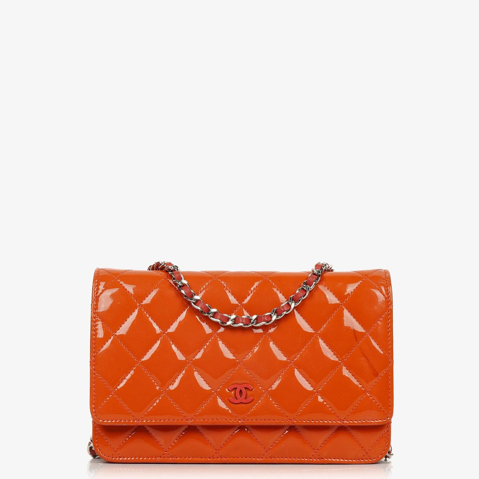 Chanel Orange Quilted Patent Leather Wallet On Chain WOC