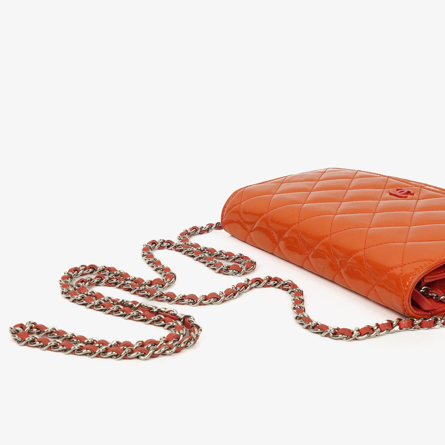 Chanel Orange Quilted Patent Leather Wallet On Chain WOC