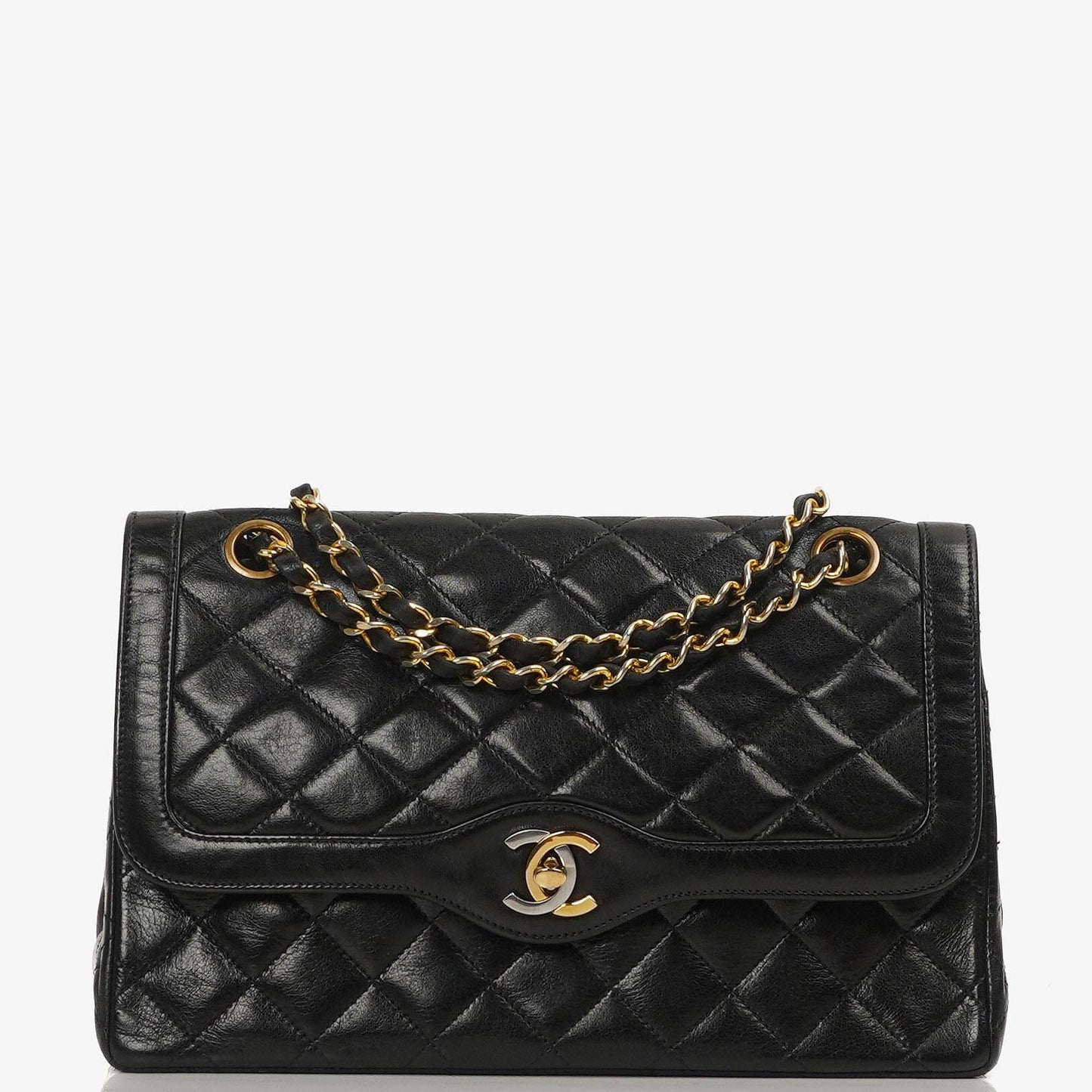Chanel Paris Classic Medium Double Flap Bag Black Quilted Lambskin With Gold & Silver Tone Combo Hardware