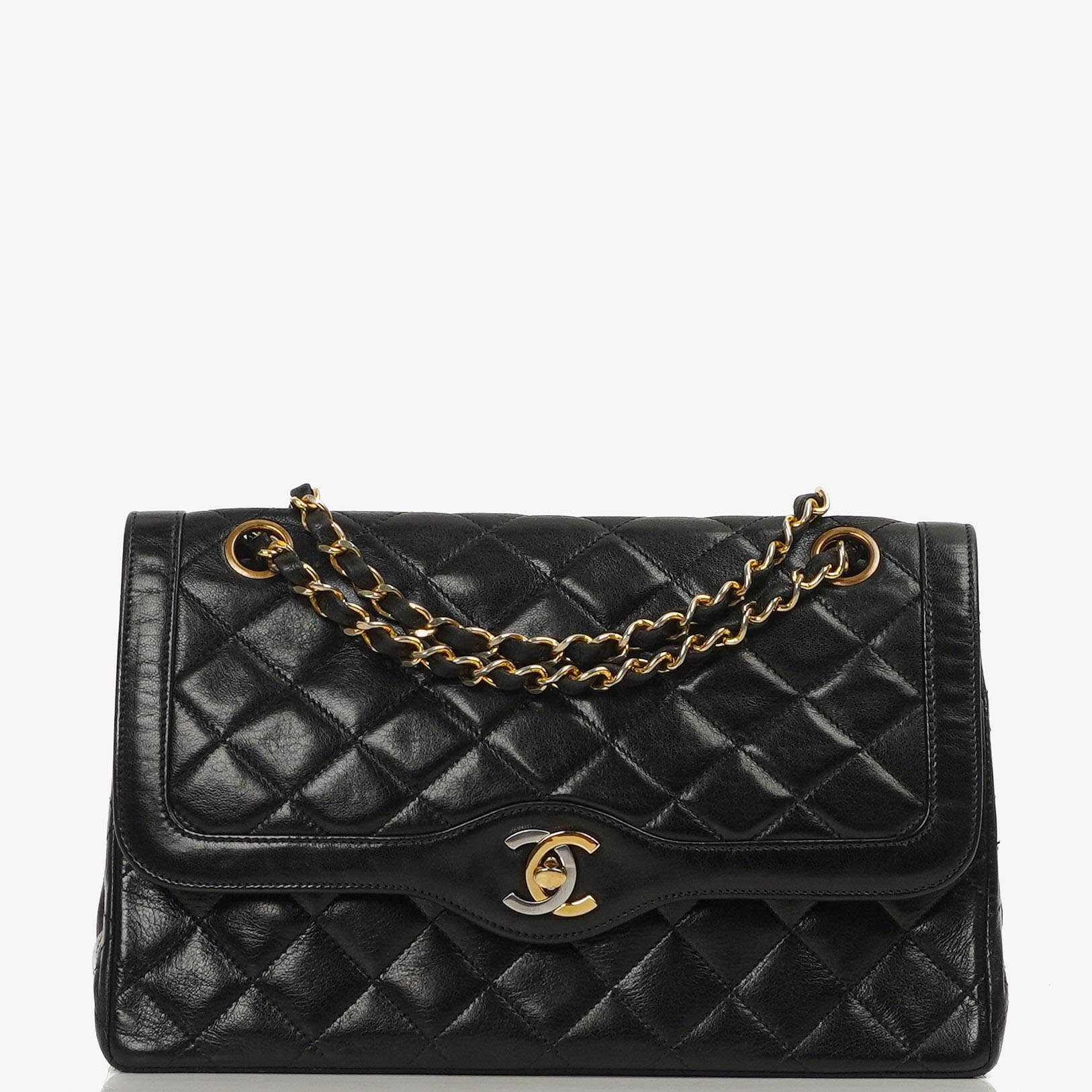 Chanel Paris Classic Medium Double Flap Bag Black Quilted Lambskin With Gold & Silver Tone Combo Hardware