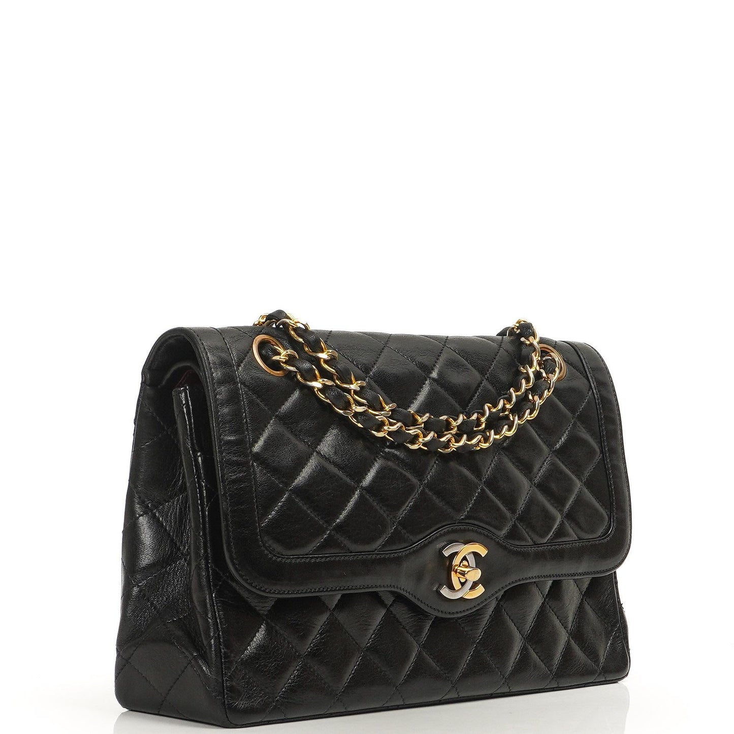 Chanel Paris Classic Medium Double Flap Bag Black Quilted Lambskin With Gold & Silver Tone Combo Hardware