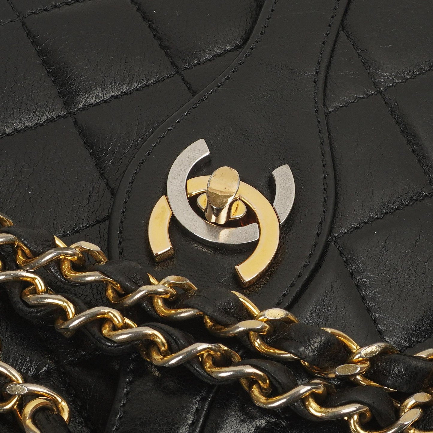 Chanel Paris Classic Medium Double Flap Bag Black Quilted Lambskin With Gold & Silver Tone Combo Hardware
