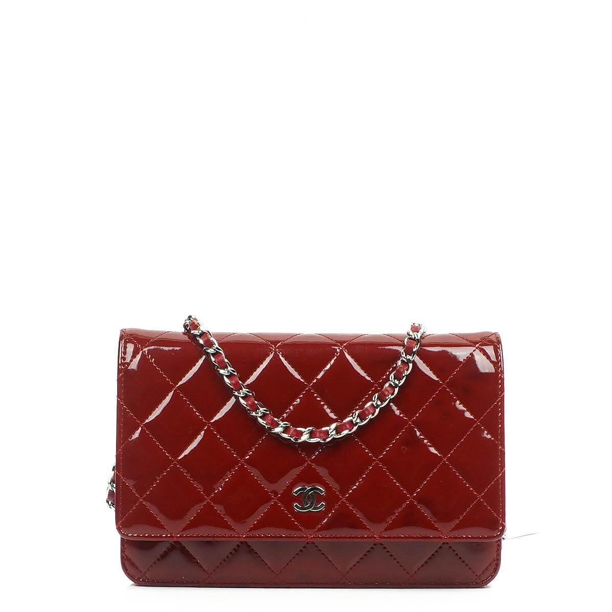 Chanel Patent Quilted Wallet On Chain WOC Red