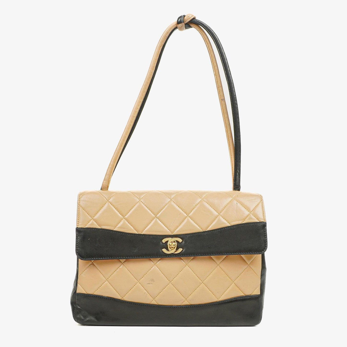 Chanel Quilted Lambskin Beige Black Single Flap