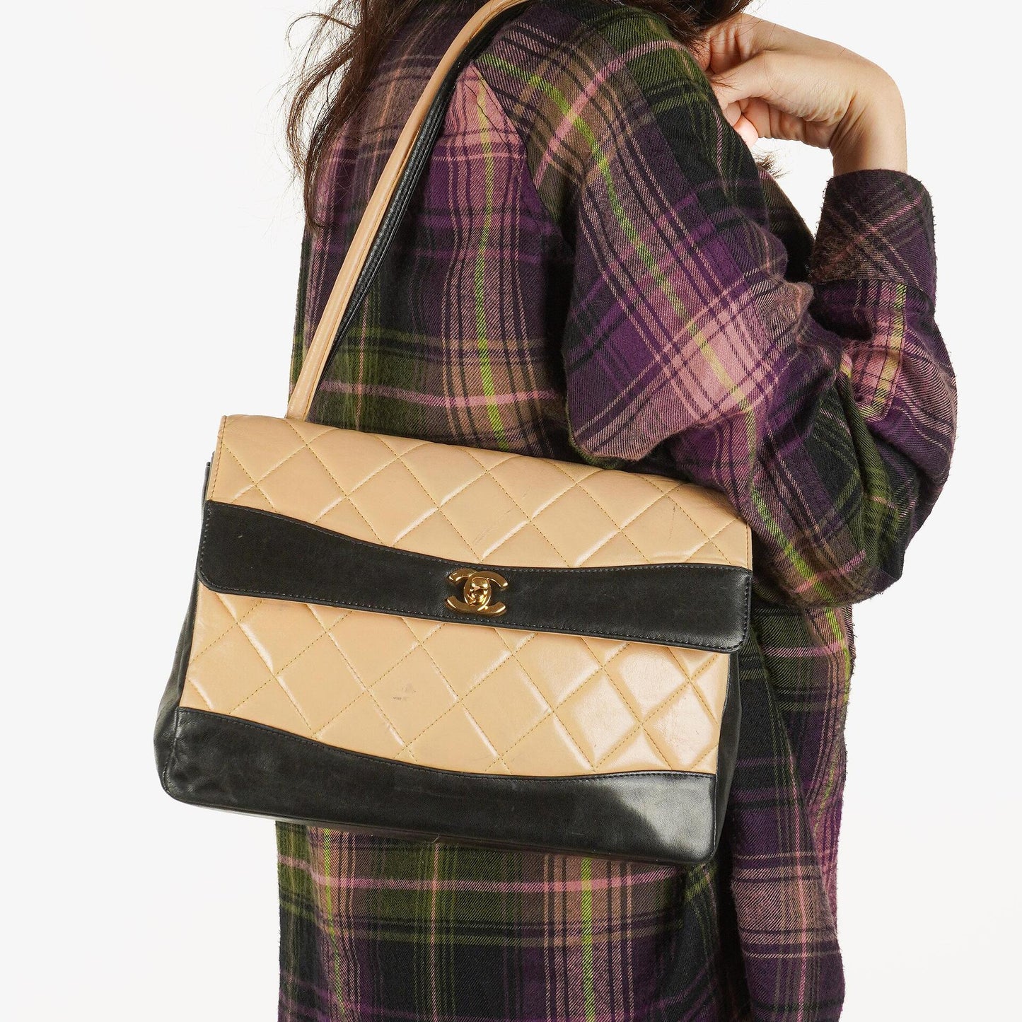 Chanel Quilted Lambskin Beige Black Single Flap