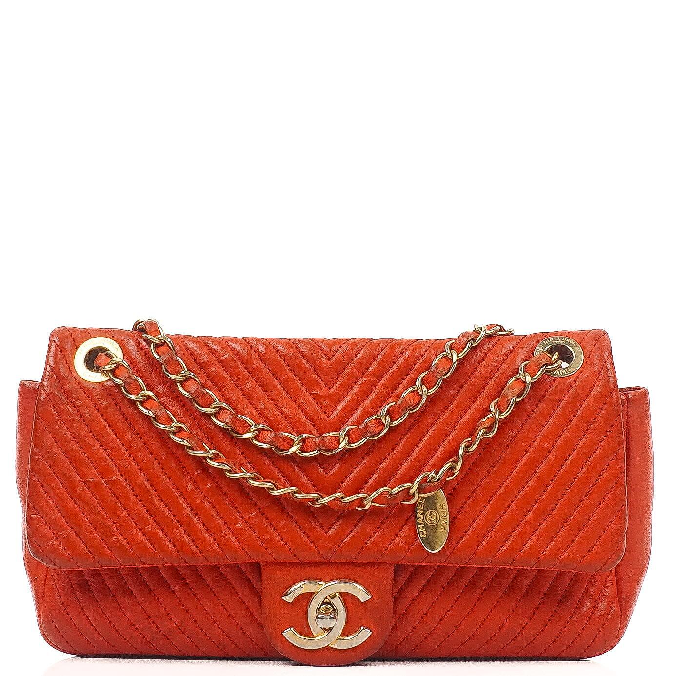 Chanel Red Chevron Quilted Distressed Calfskin Medium Classic Single Medallion Flap Gold Hardware
