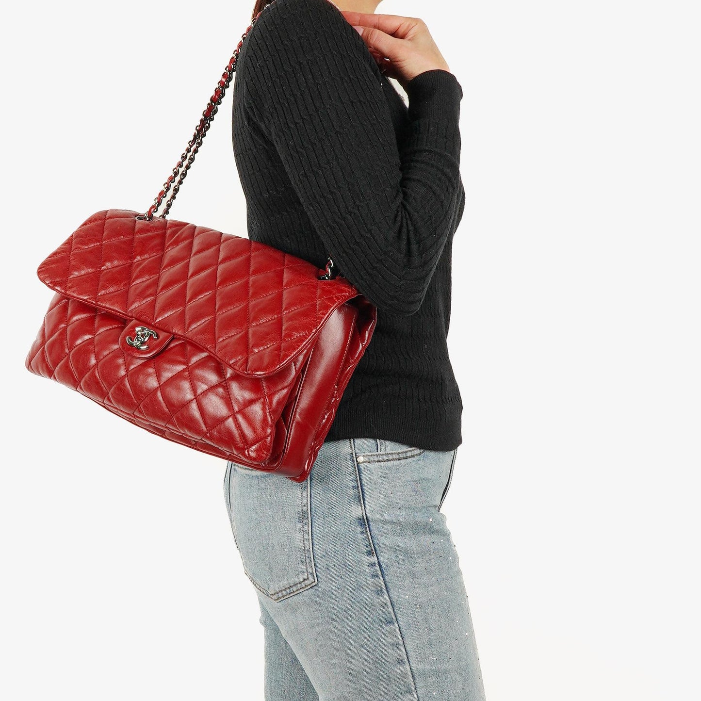 Chanel Red Maxi Lambskin 3 Accordion Flap Bag.