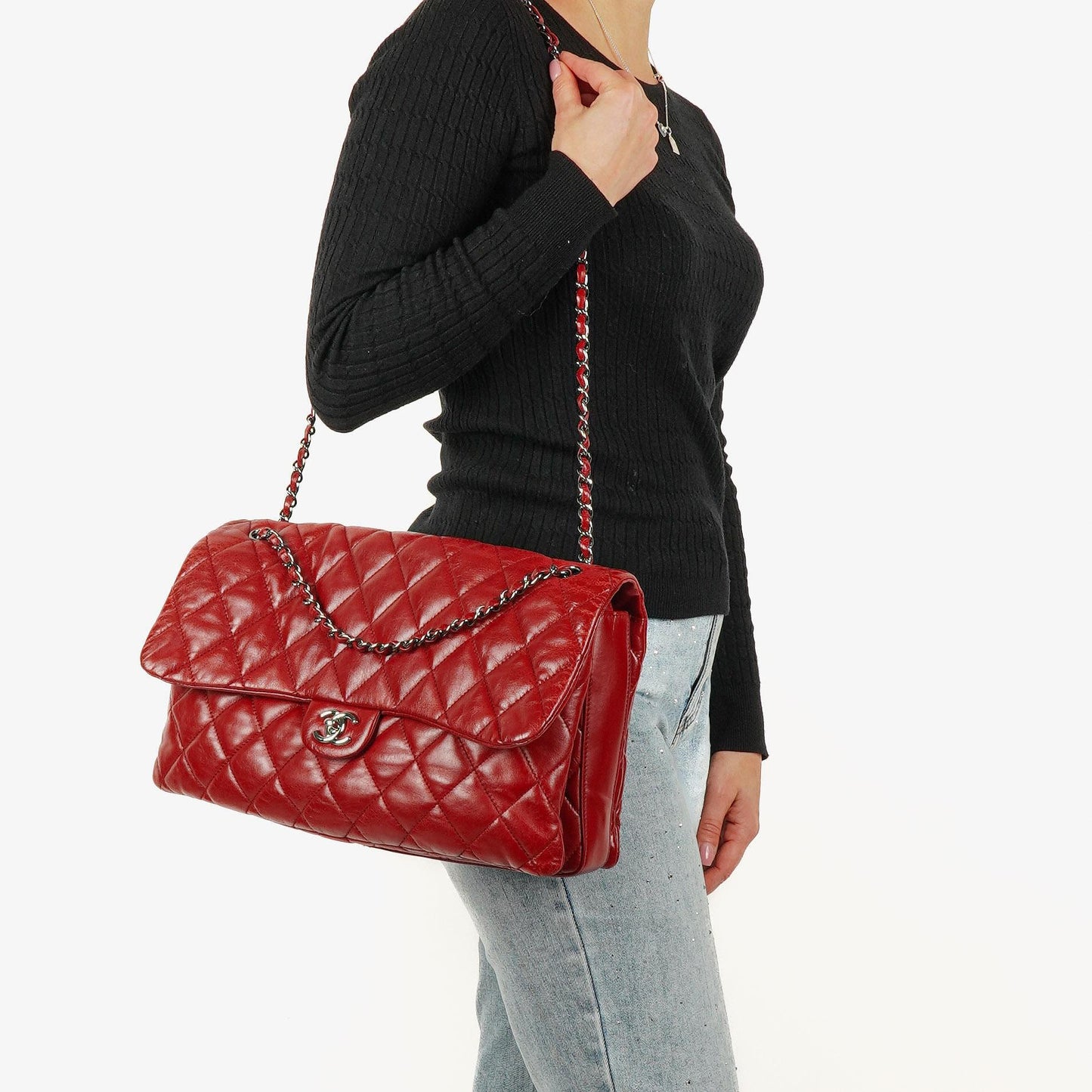 Chanel Red Maxi Lambskin 3 Accordion Flap Bag.