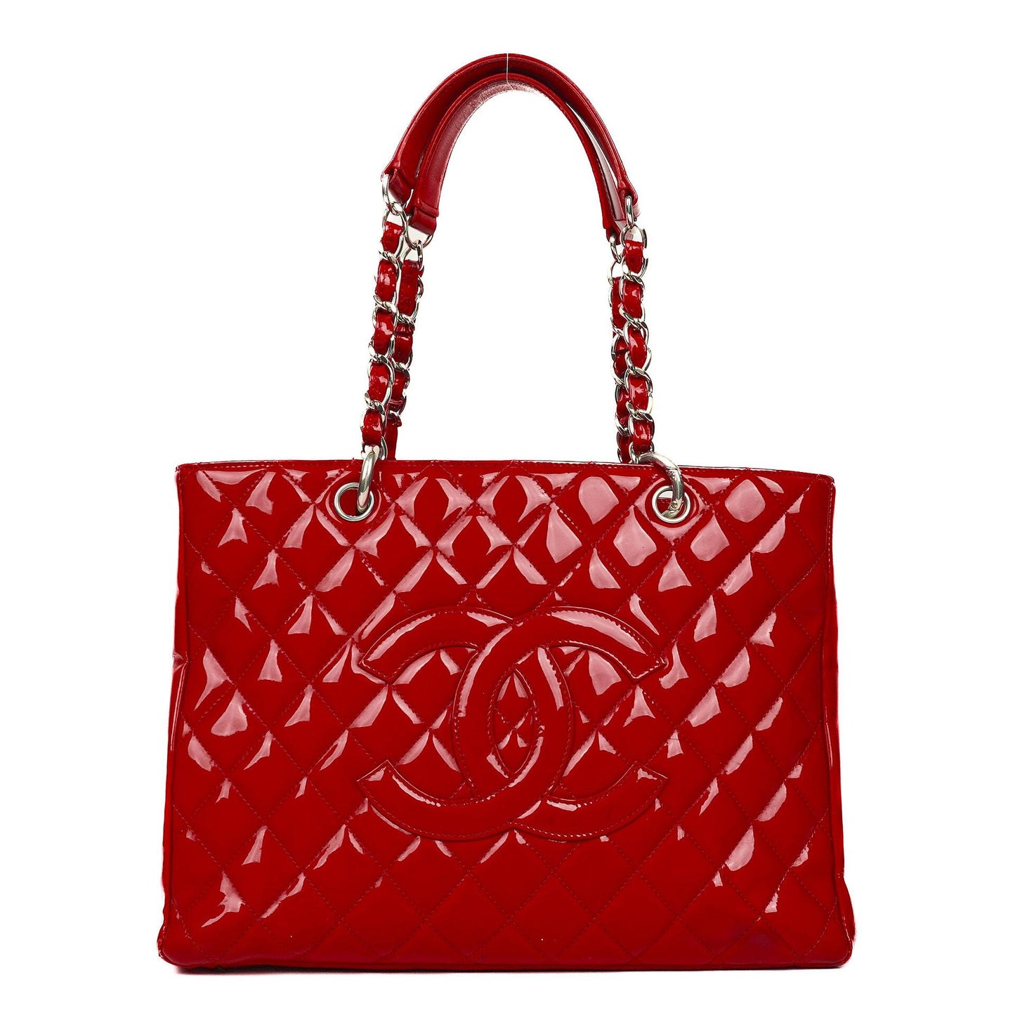 Chanel Red Quilted Patent Leather Grand Shopping Tote Bag