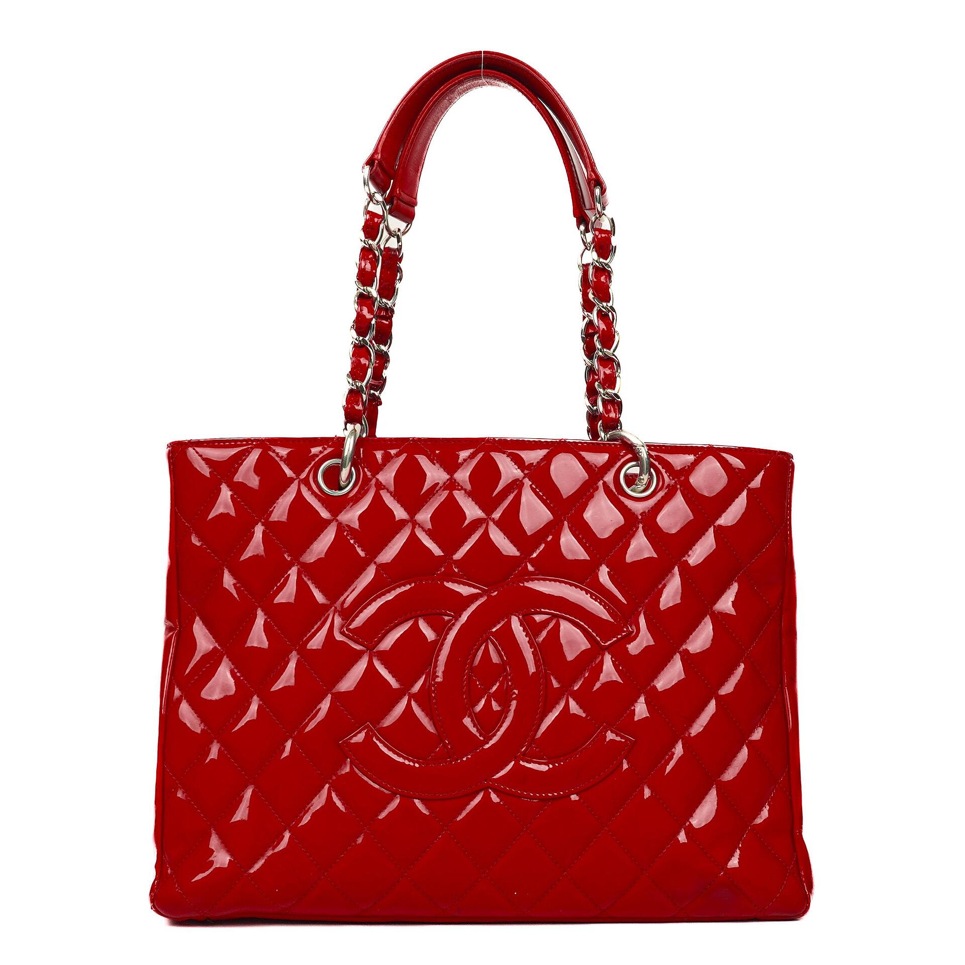 Chanel Red Quilted Patent Leather Grand Shopping Tote Bag