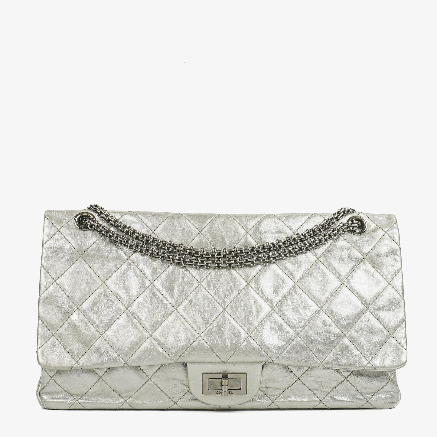 Chanel Silver Metallic Aged Quilted Calfskin 2.55 Reissue 227 Flap Bag