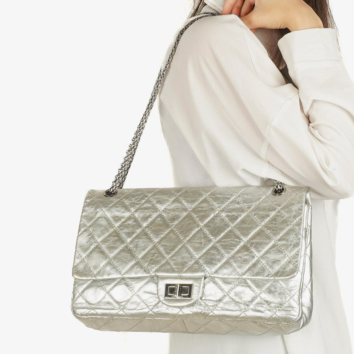 Chanel Silver Metallic Aged Quilted Calfskin 2.55 Reissue 227 Flap Bag