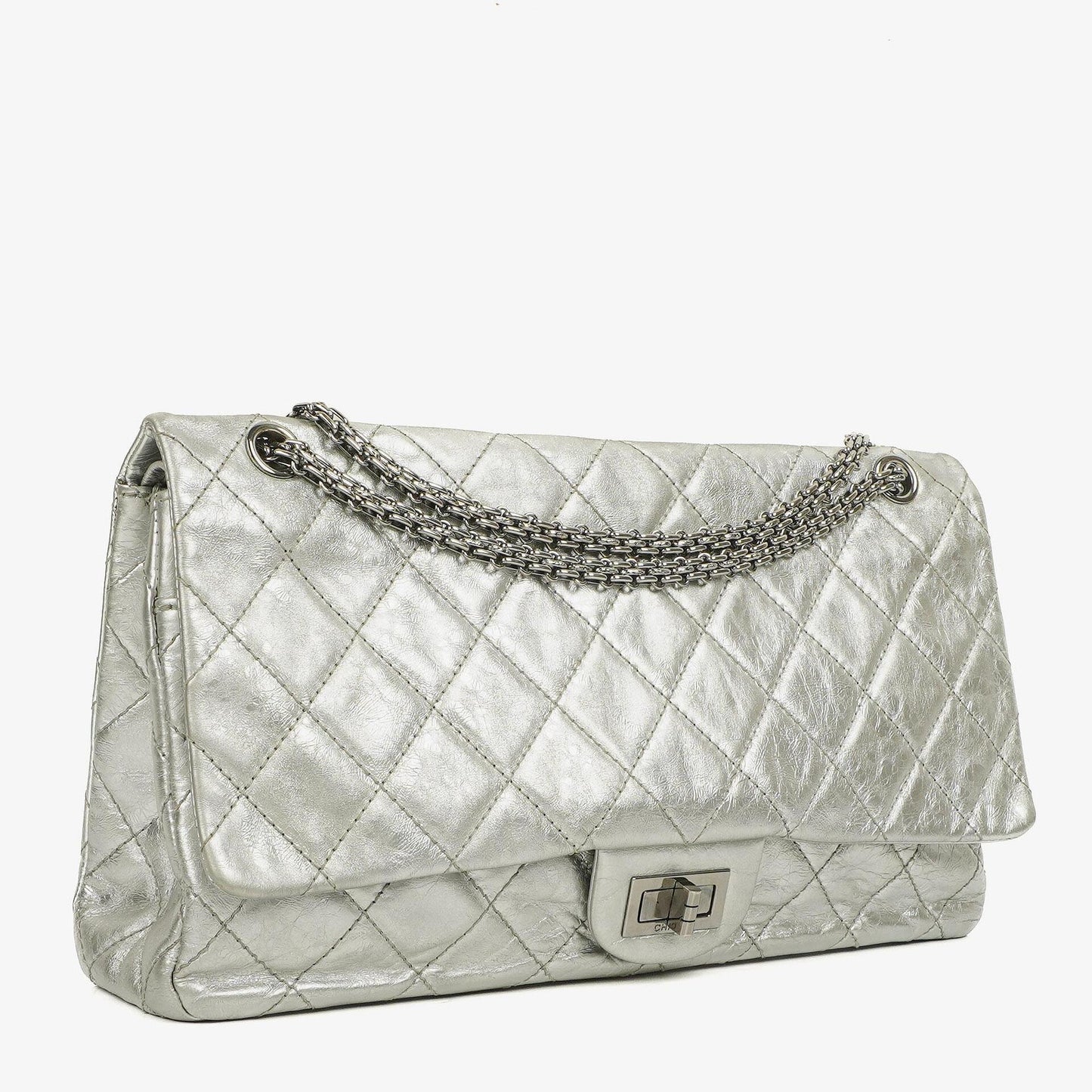 Chanel Silver Metallic Aged Quilted Calfskin 2.55 Reissue 227 Flap Bag