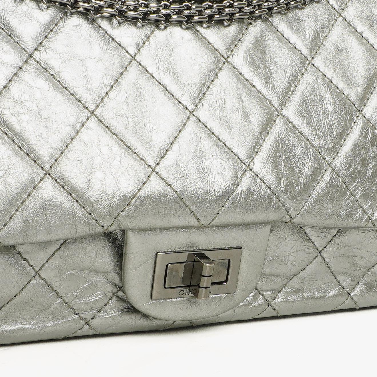 Chanel Silver Metallic Aged Quilted Calfskin 2.55 Reissue 227 Flap Bag