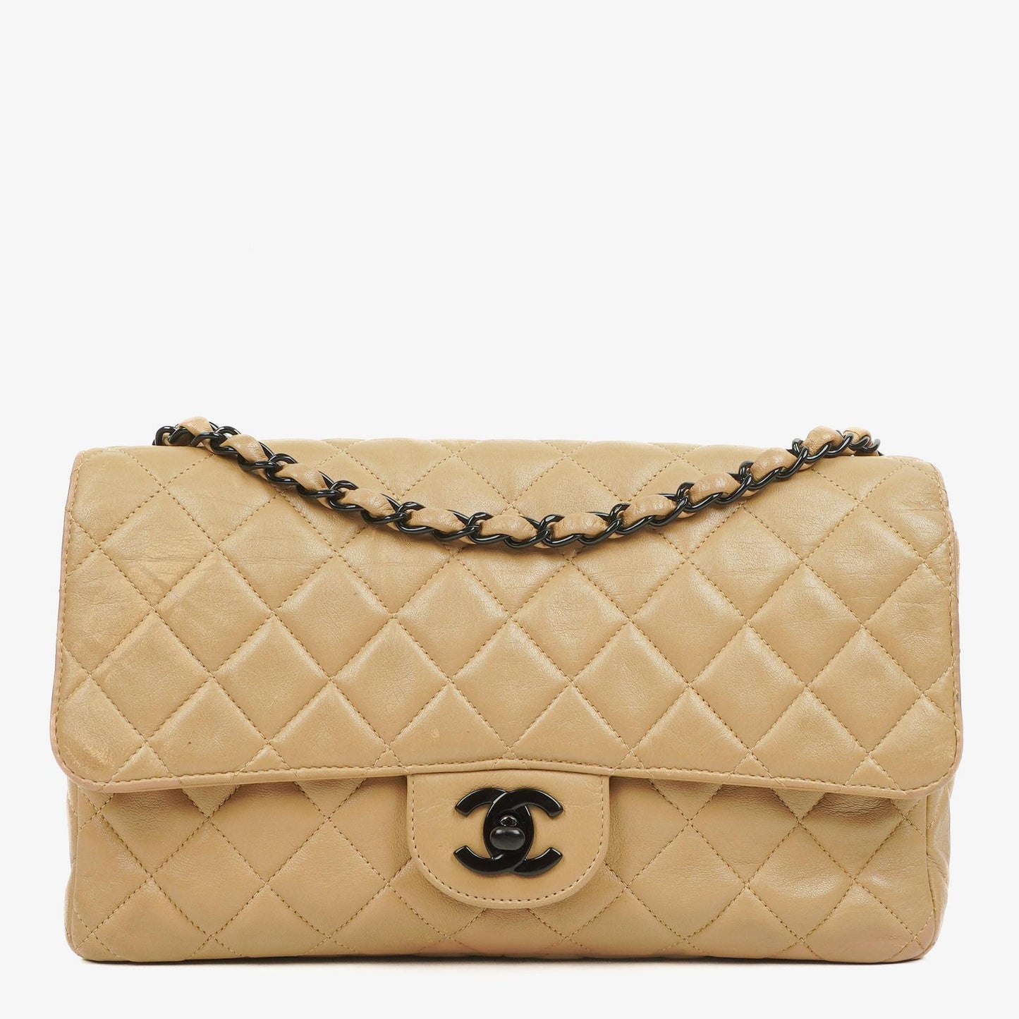 Chanel Single Flap Bag Beige Quilted Lambskin With Black Hardware