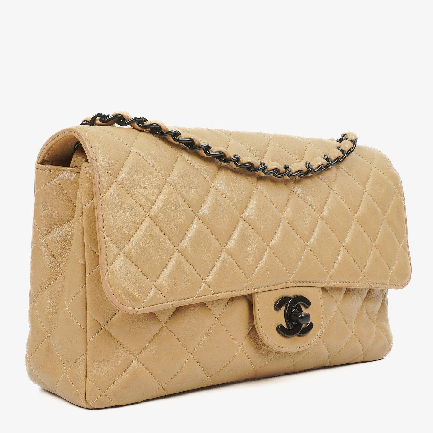 Chanel Single Flap Bag Beige Quilted Lambskin With Black Hardware