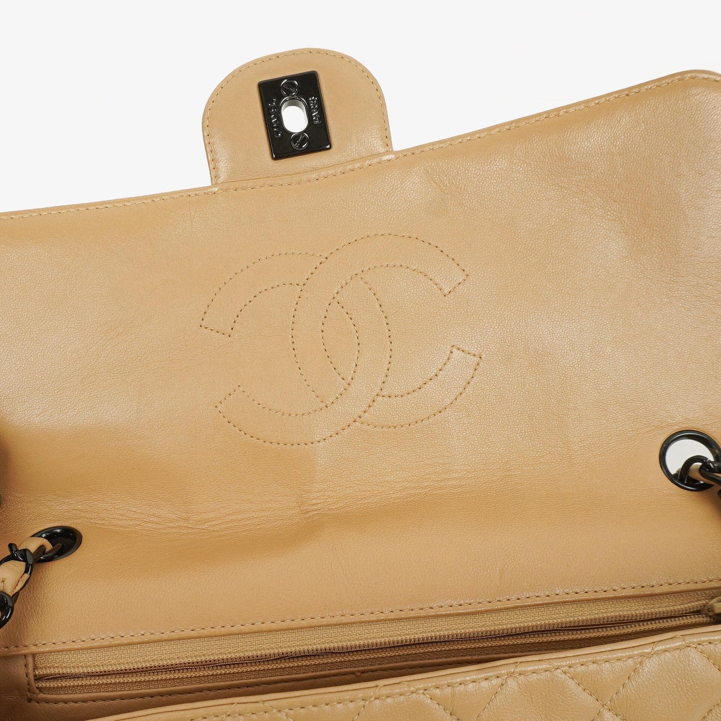 Chanel Single Flap Bag Beige Quilted Lambskin With Black Hardware