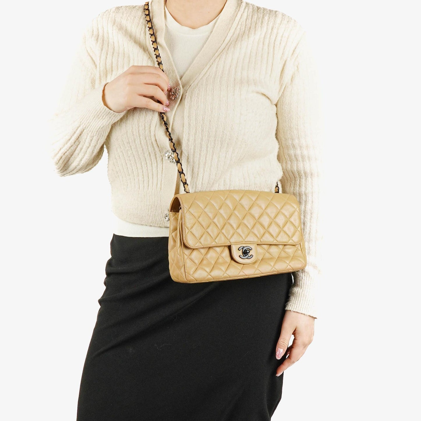 Chanel Single Flap Bag Beige Quilted Lambskin With Black Hardware